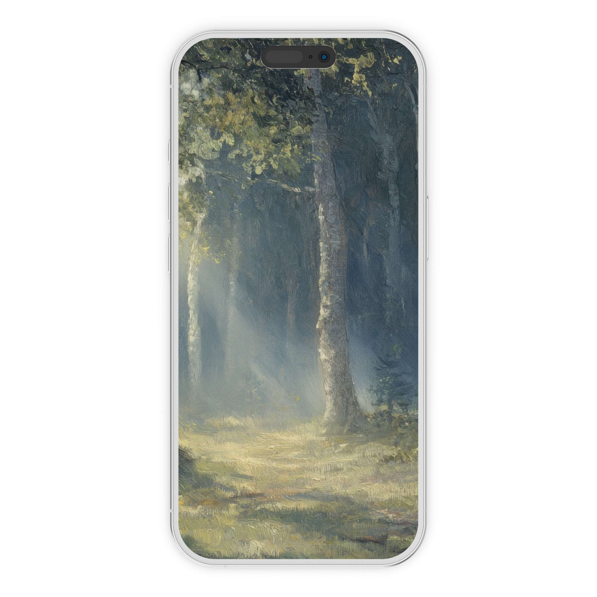 Serene forest scene on a vintage iPhone wallpaper with soft sunlight, perfect phone background for a digital download and style