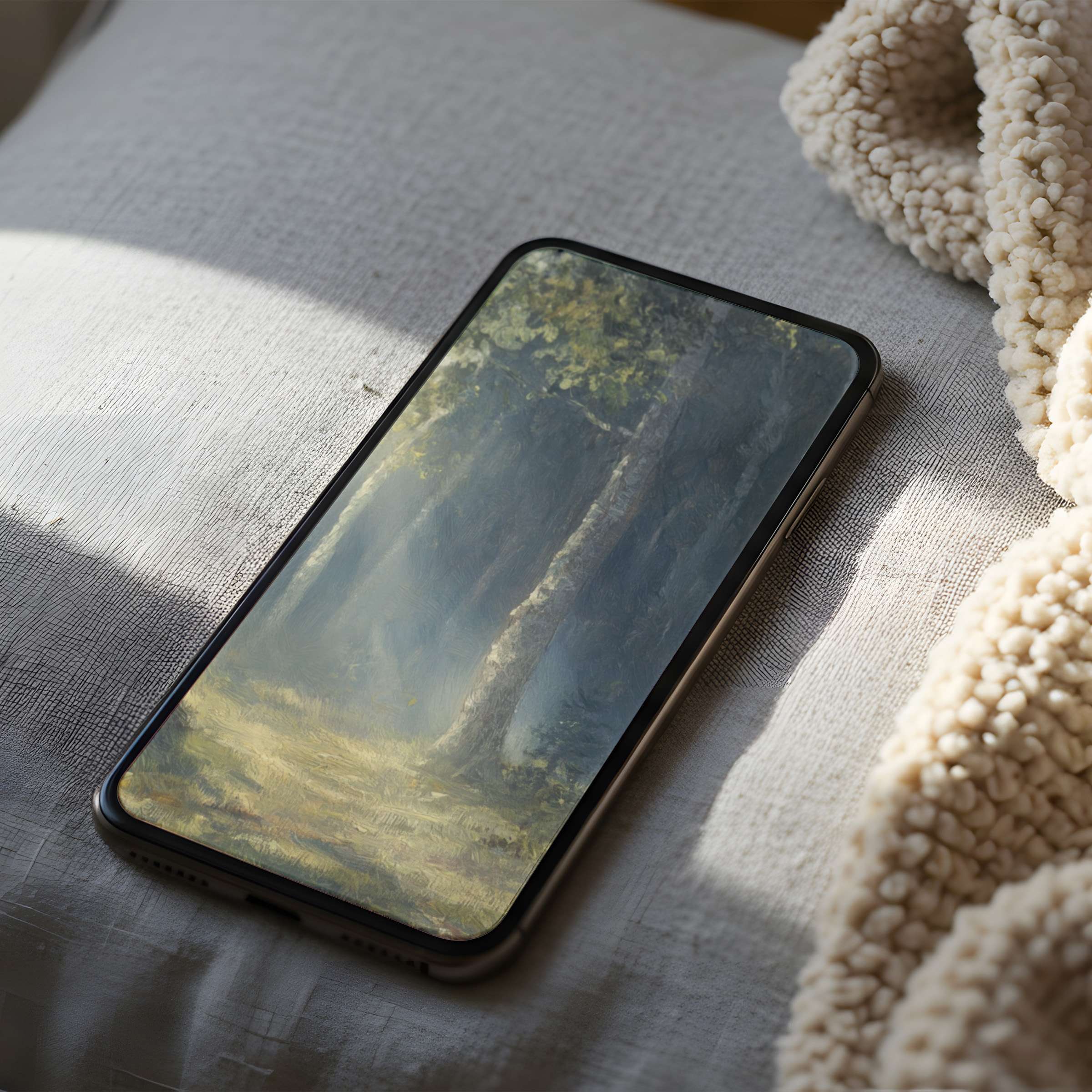 Calming forest phone wallpaper in high resolution offers serene escape for iPhone users, ideal for sustainable, digital download