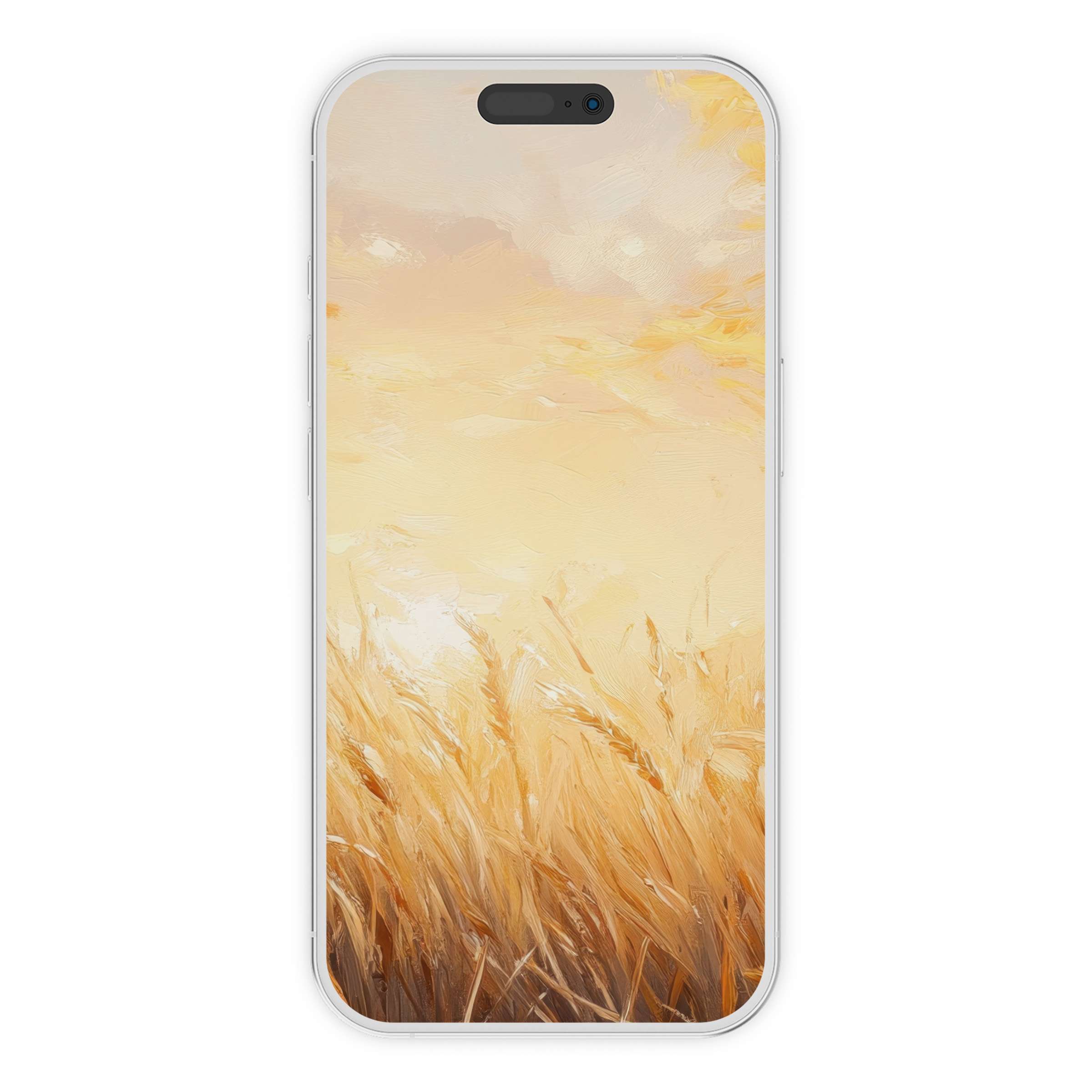 Calming vintage iPhone wallpaper with an elegant golden wheat field painting, perfect phone background for digital download, enhancing decor