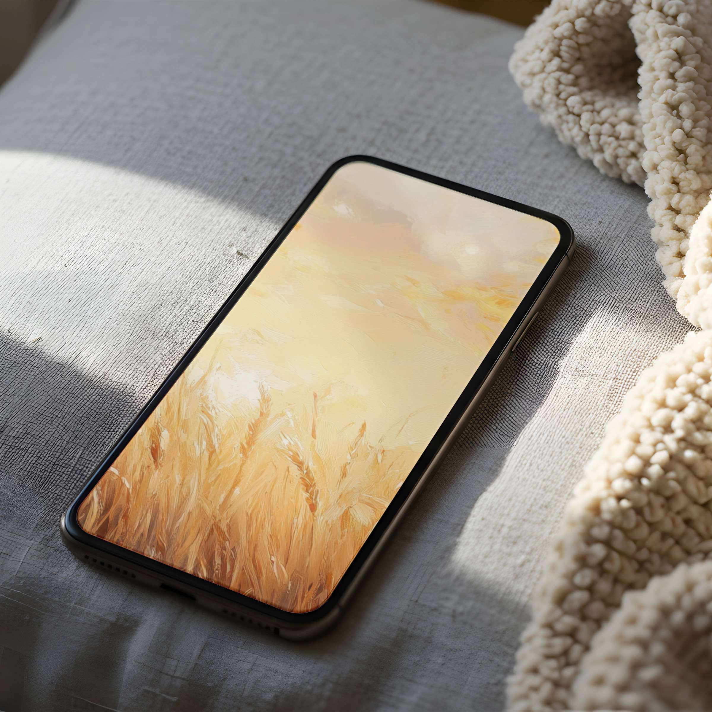 Elegant phone wallpaper featuring dreamy wheat fields in soft golden tones perfect for high resolution iPhone and Android downloads