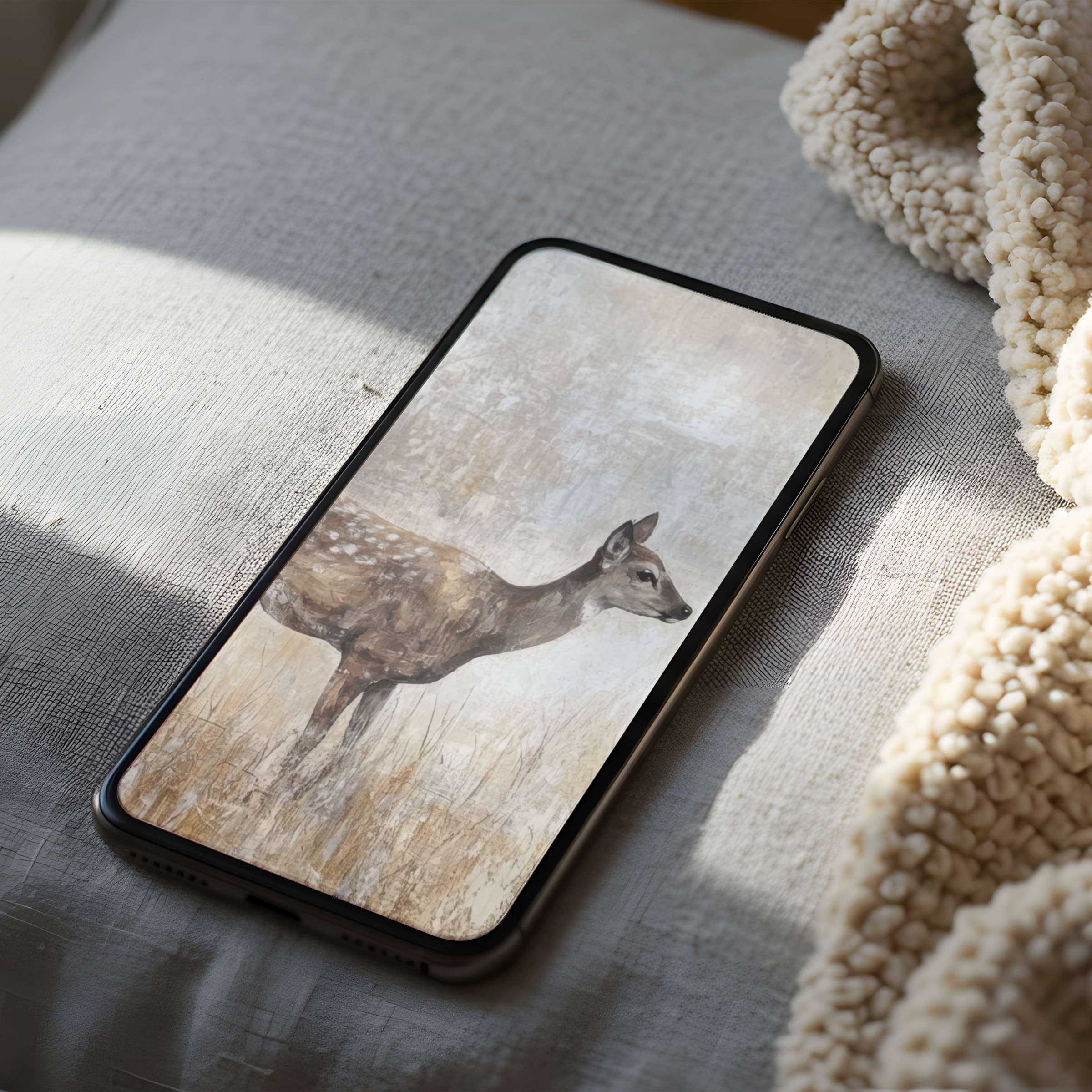 Elegant deer phone wallpaper in high resolution, set against calming neutral tones on an iPhone screen, perfect for digital download