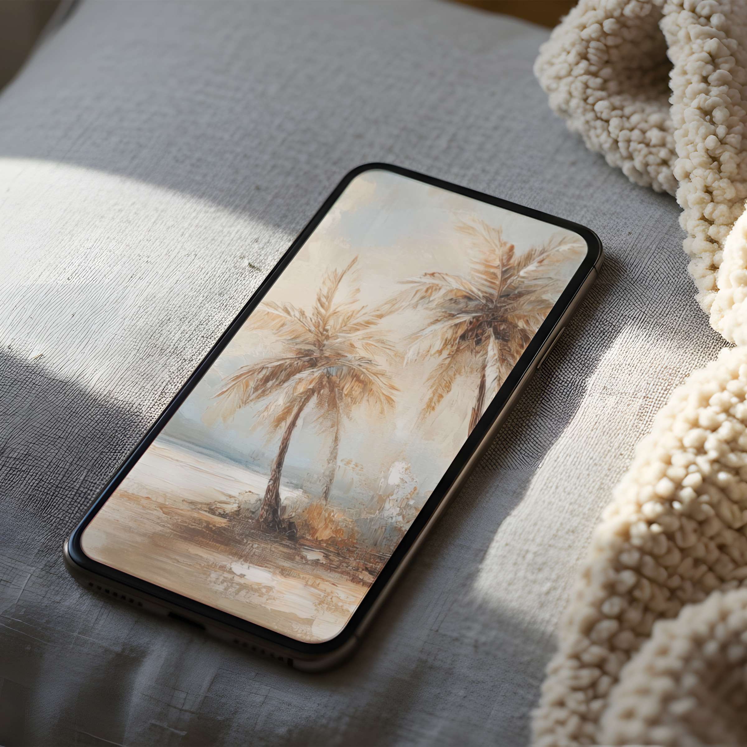Elegant palm tree phone wallpaper exudes tranquility with soft hues, ideal for high-resolution digital download on iPhone or Android