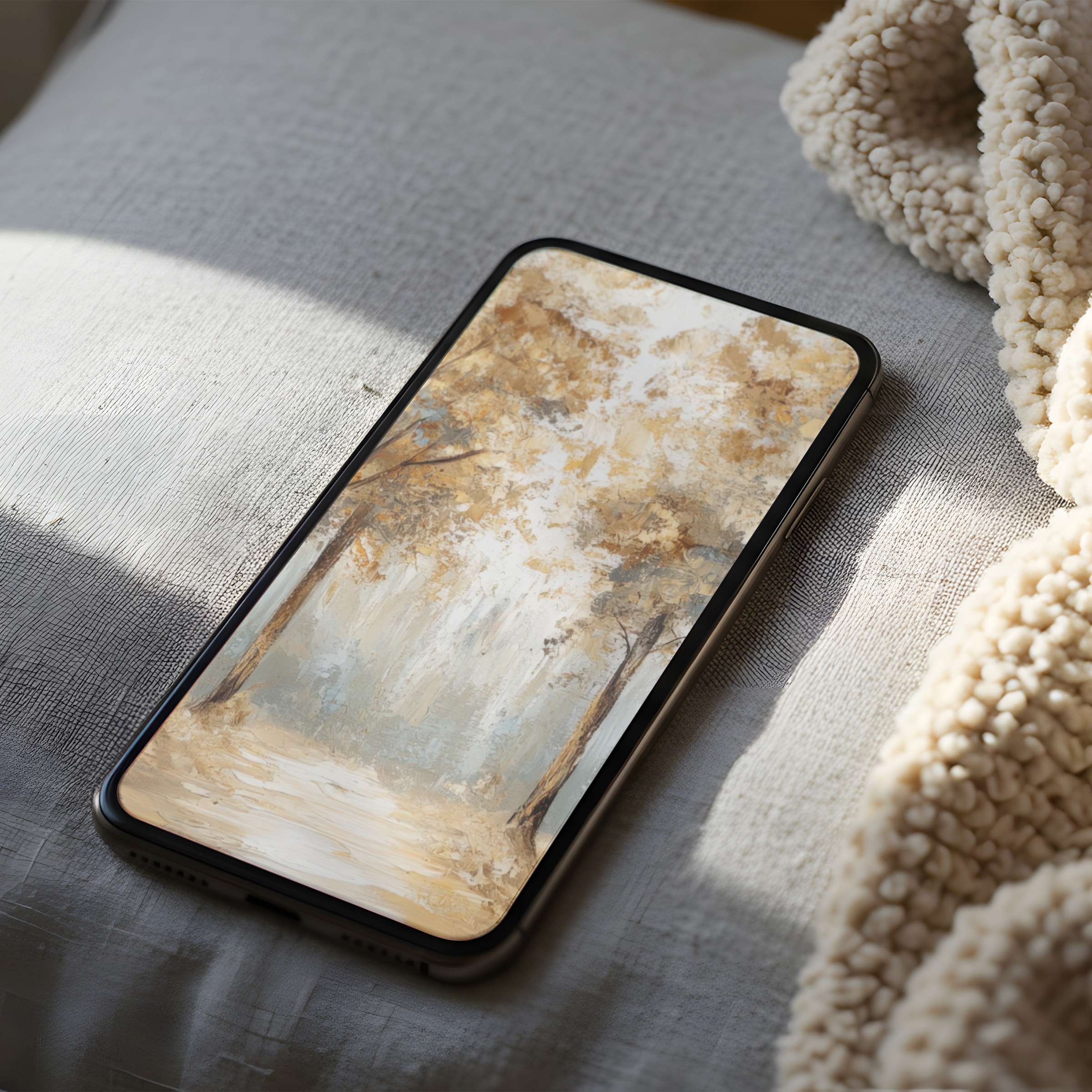 Elegant forest scene phone wallpaper in soft earth tones, perfect for iPhone high resolution, offering serene digital calm