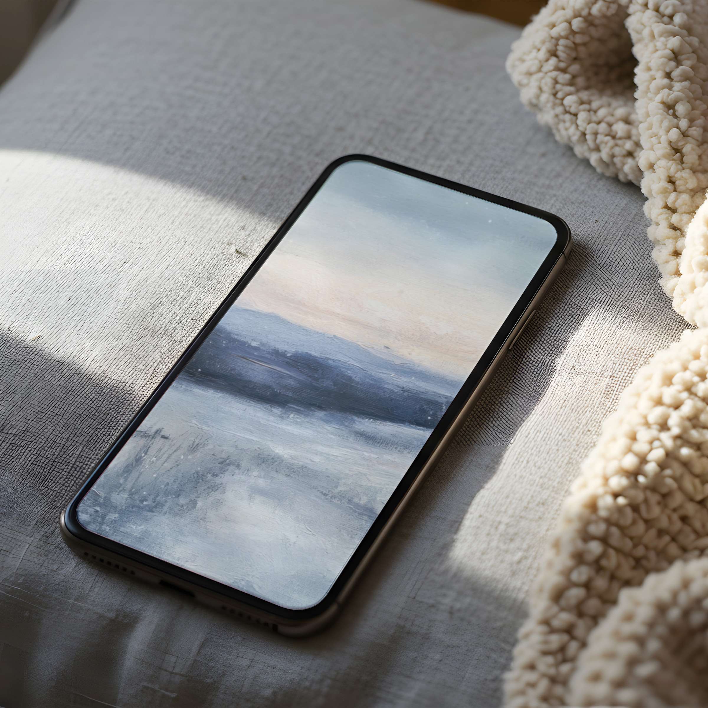 Elegant brushstroke landscape phone wallpaper in calming blues and grays perfect for iPhone high resolution digital download
