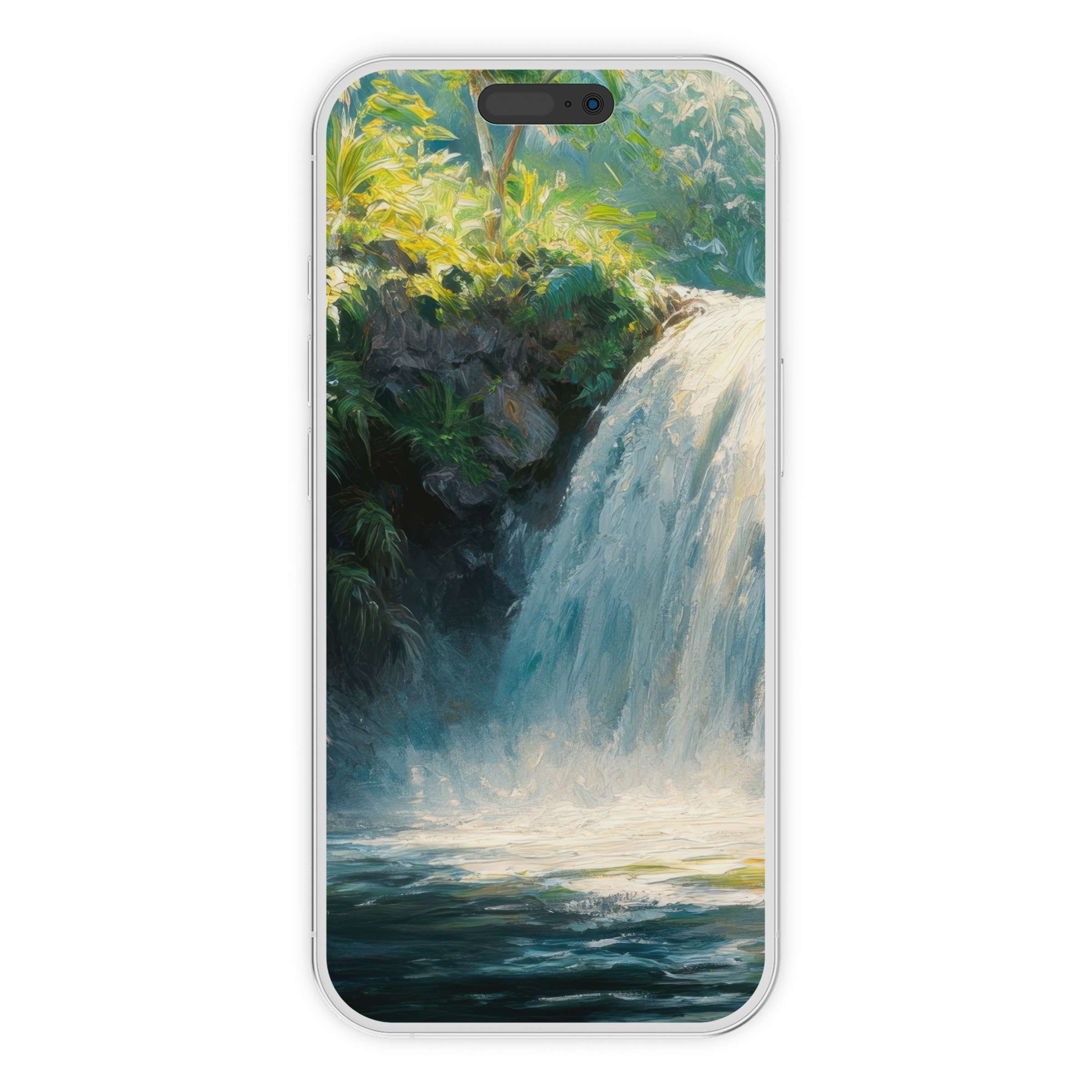 Elegant vintage iPhone wallpaper featuring serene waterfall in oil paint style phone background digital download for all devices