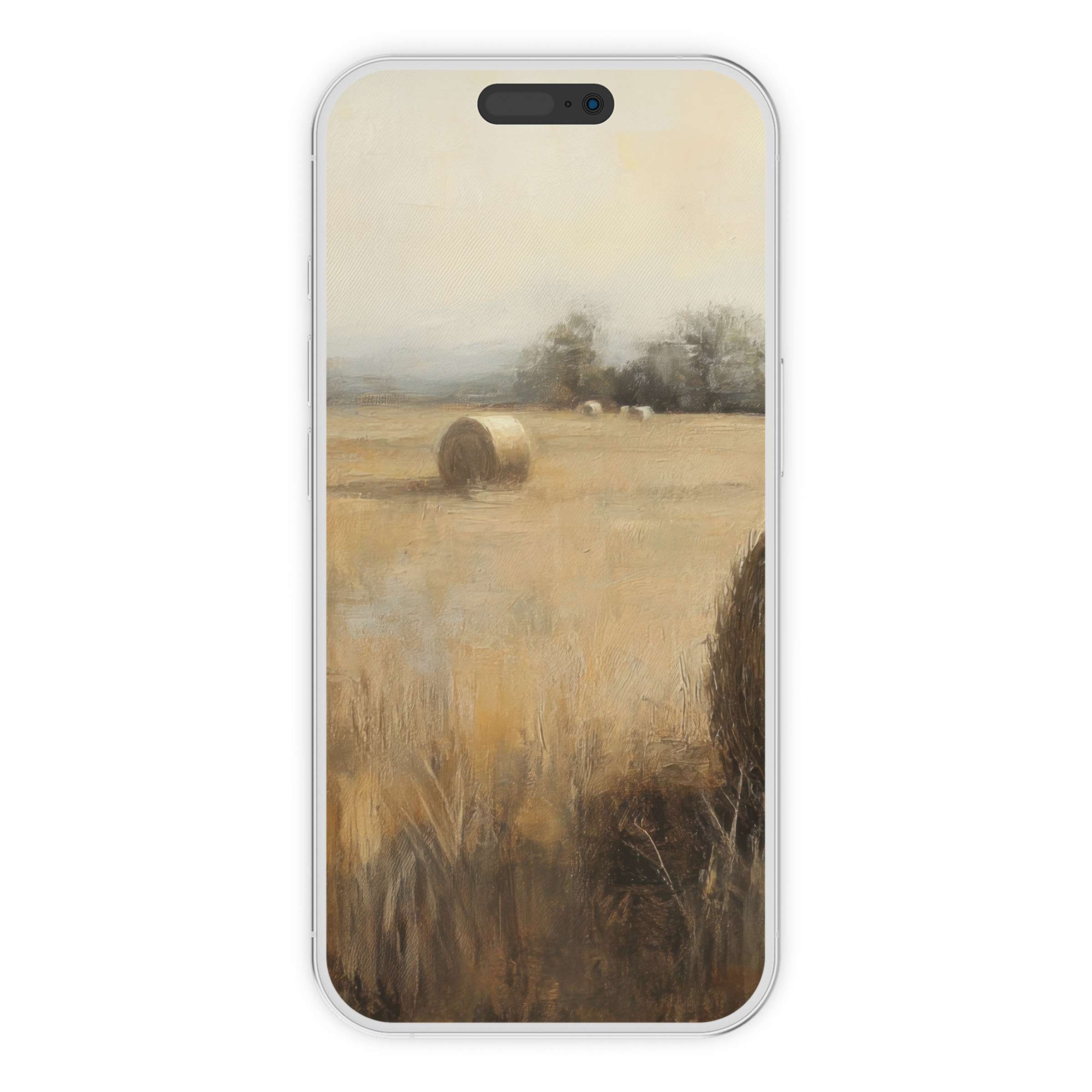 Serene vintage iPhone wallpaper featuring a rustic landscape painting with soft tones for a calming phone background digital download
