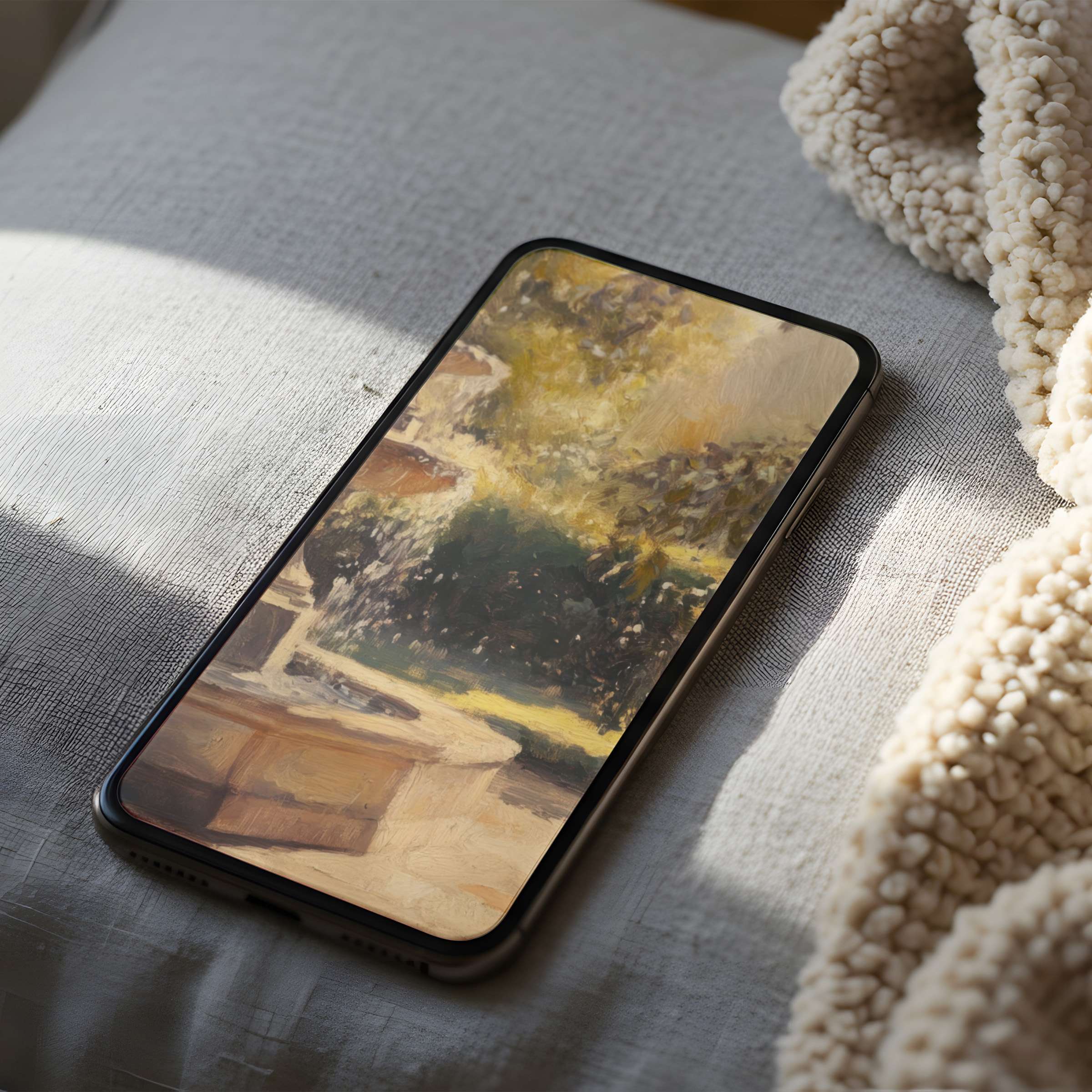 Elegant phone wallpaper featuring a serene landscape in warm hues evokes tranquility; perfect for iPhone and Android digital download