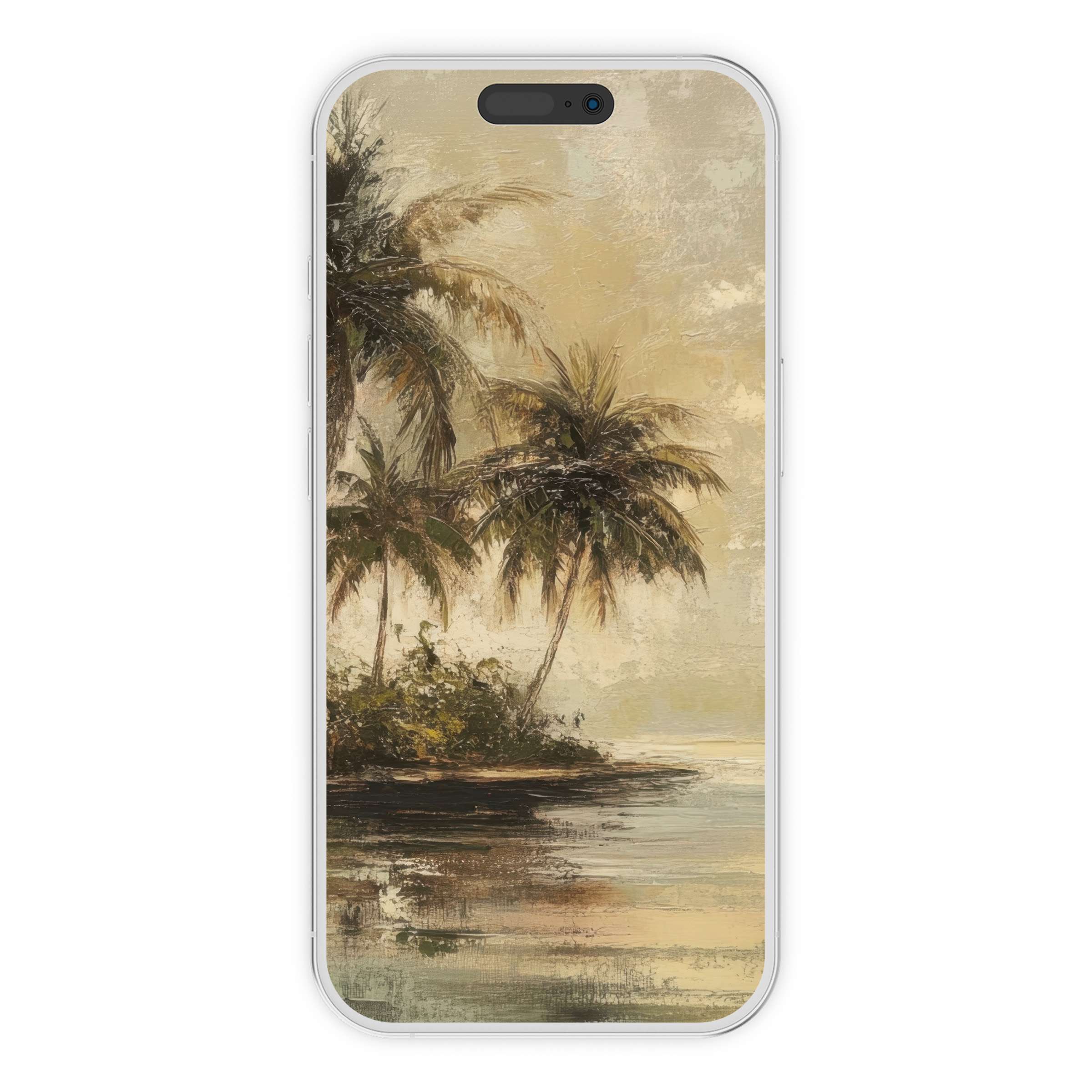 Vintage iPhone wallpaper with serene palm tree painting, calming muted tones, and textured background for elegant phone screens digital download