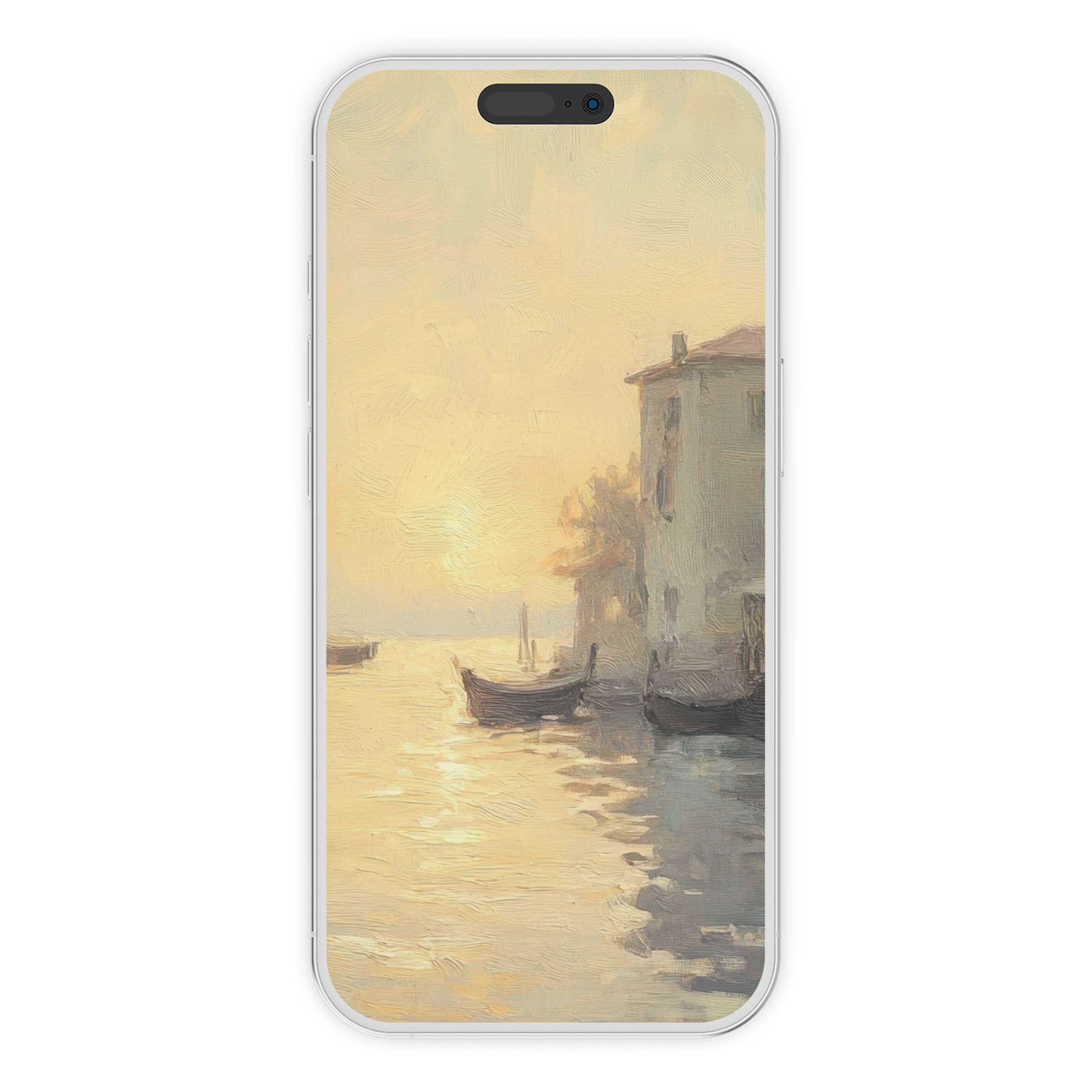 Vintage iPhone wallpaper in serene pastel tones with a romantic sunset over a calm harbor, ideal phone background for digital download