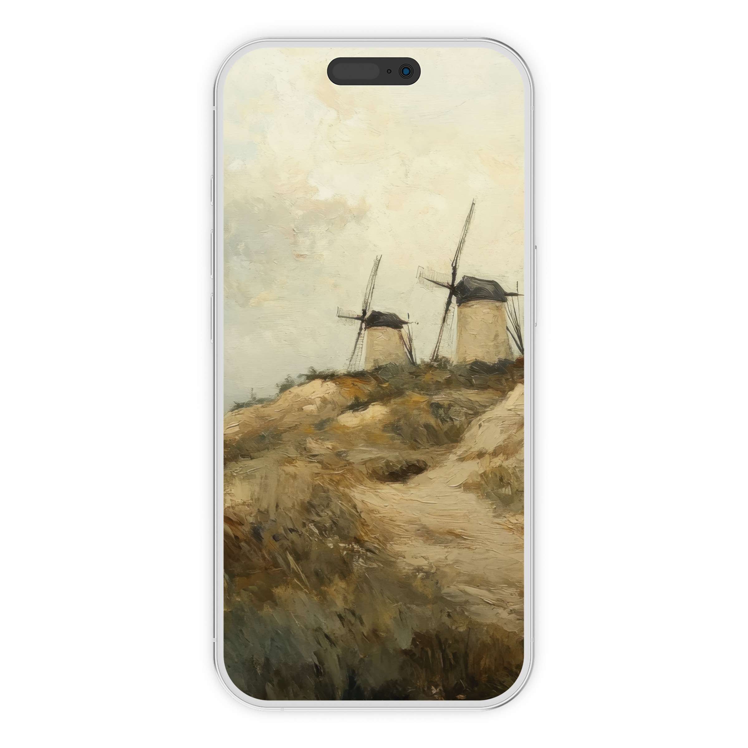 Vintage iPhone wallpaper featuring serene windmills under a soft sky, perfect phone background for a calming digital download experience