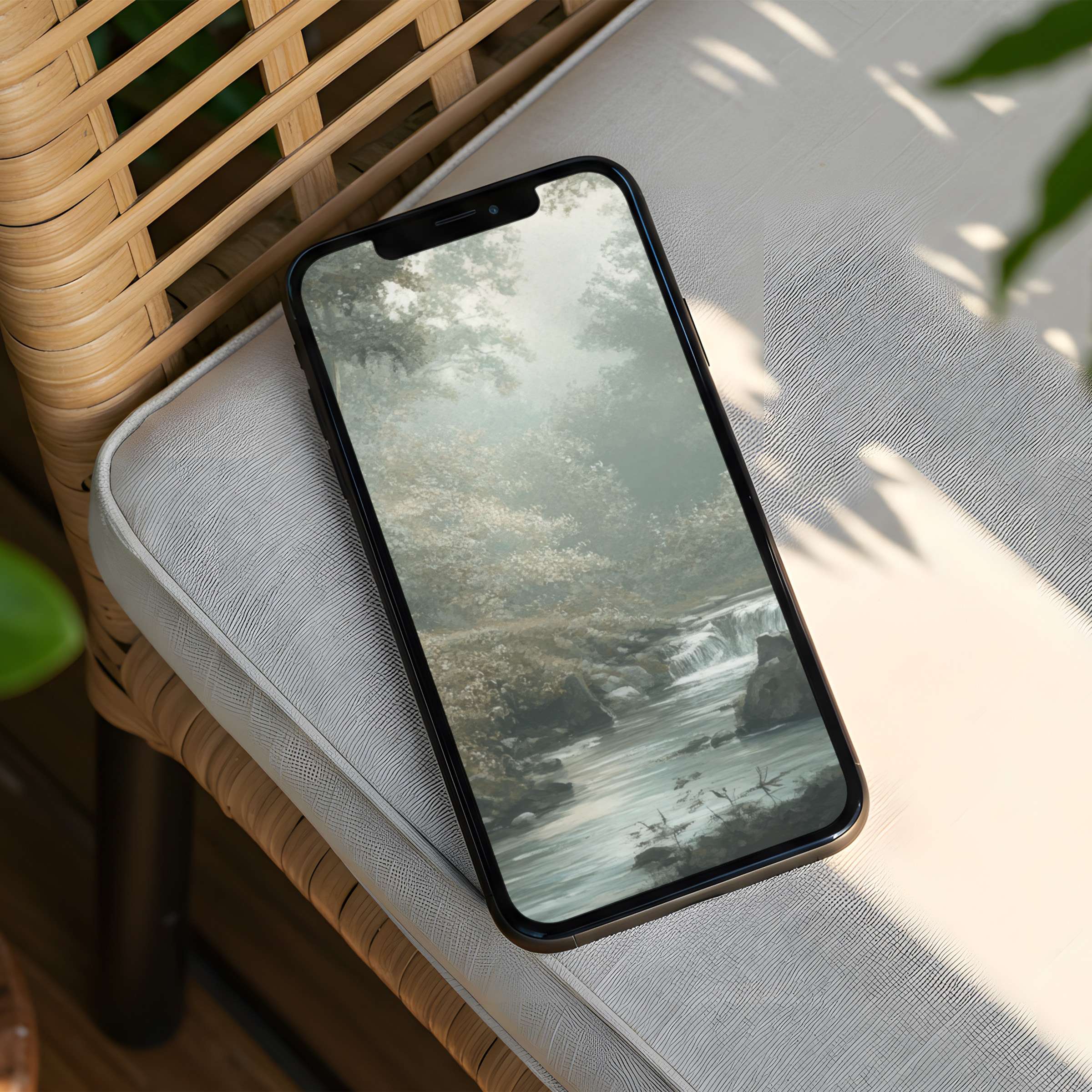 Serene iPhone background featuring a tranquil waterfall landscape for instant download fits any phone offering elegance and mindfulness