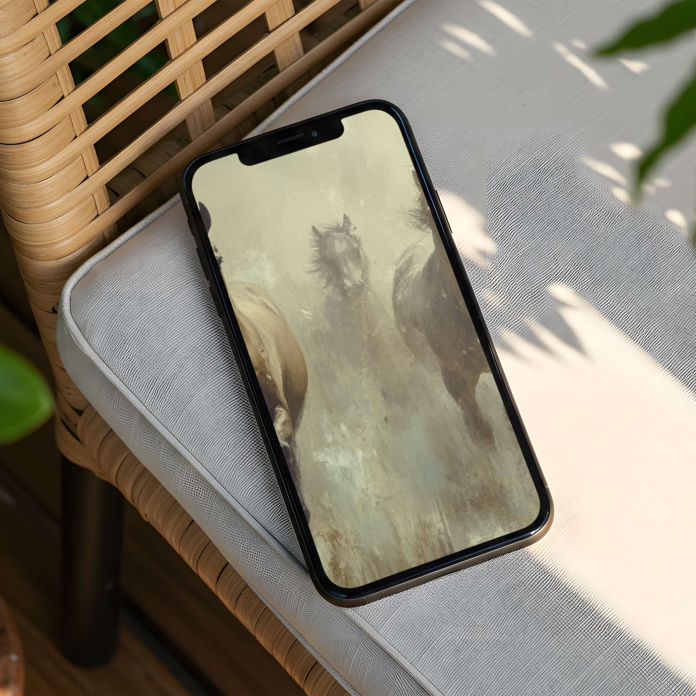 Elegant abstract horse art in soothing neutral tones enhances mindfulness as an inspiring iPhone background for instant download to your phone