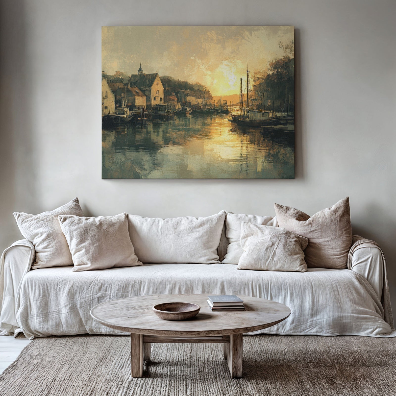 Vintage printable wall art depicting a peaceful harbor at sunset with sailboats and old houses, displayed above a neutral-toned sofa in a cozy living room