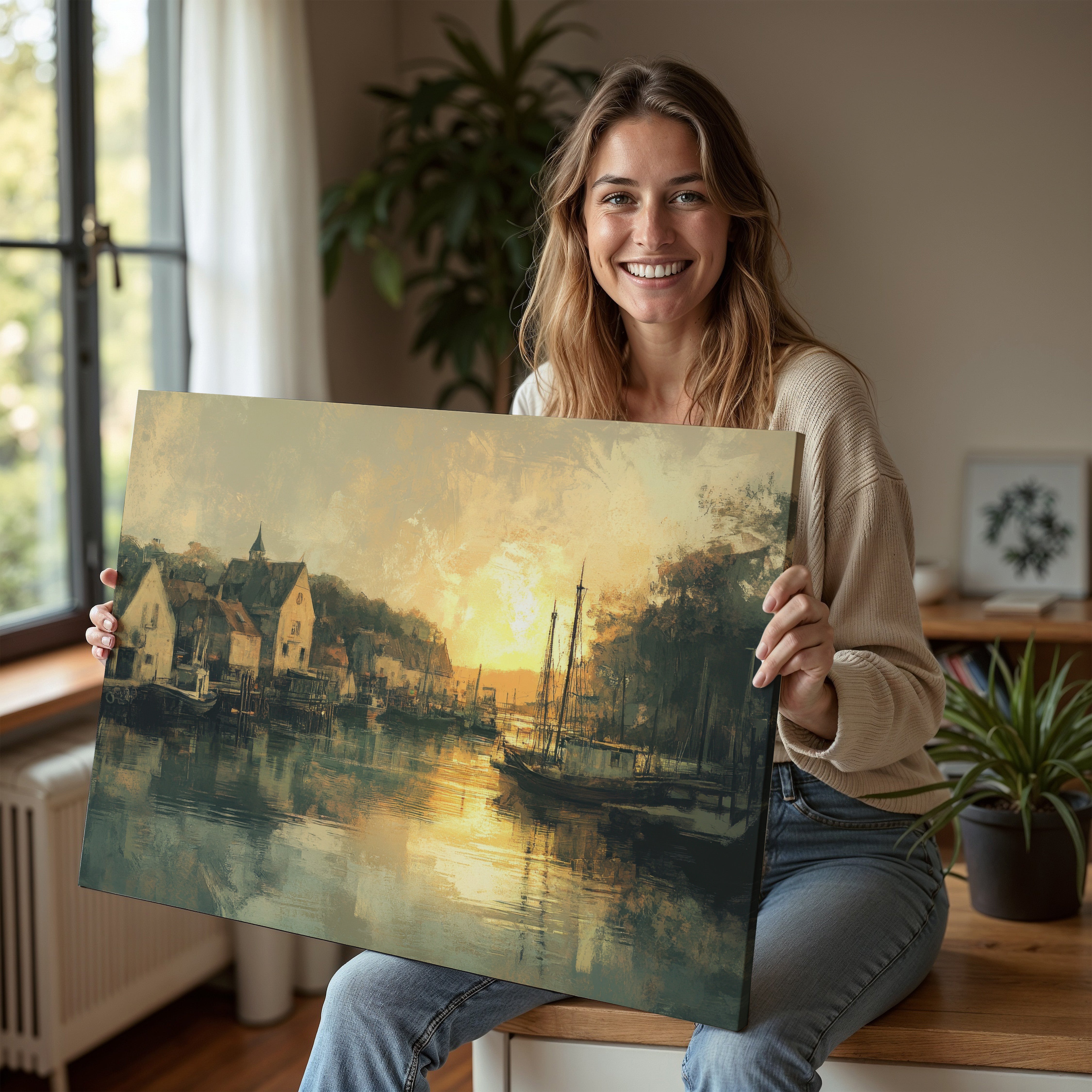 Smiling woman holding a vintage-style digital art print featuring a serene harbor at sunset - a timeless wall art piece that adds warmth, nostalgia, and artistic elegance to any home décor