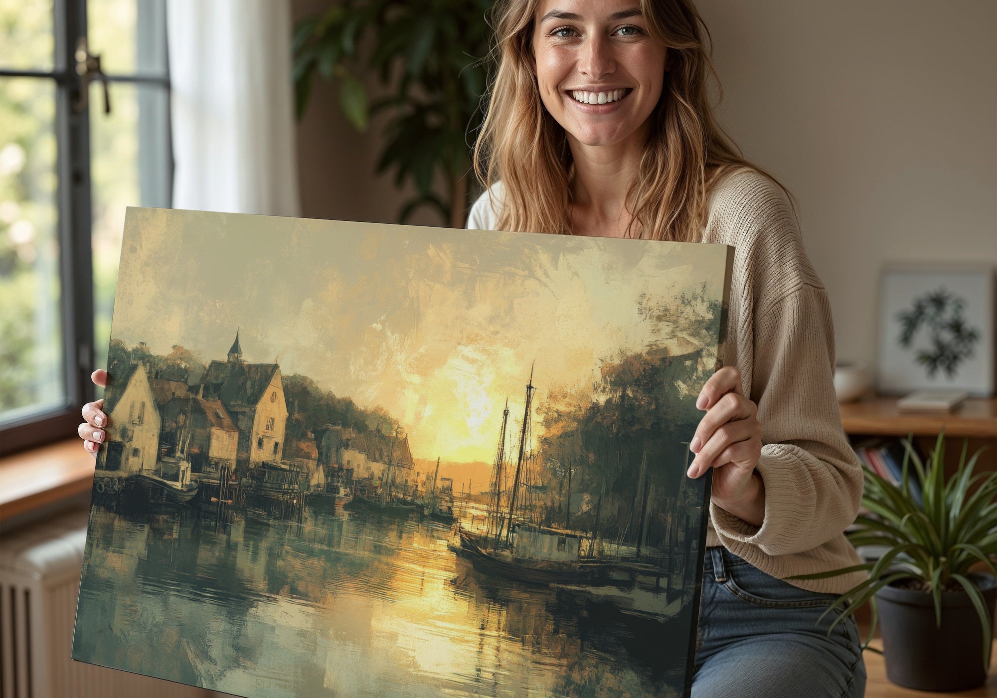 A smiling woman holding a vintage-style digital art print depicting a serene harbor scene at sunset, with sailboats and old houses reflected in the water. The warm golden tones and painterly texture evoke nostalgia and timeless charm, perfect for classic home decor