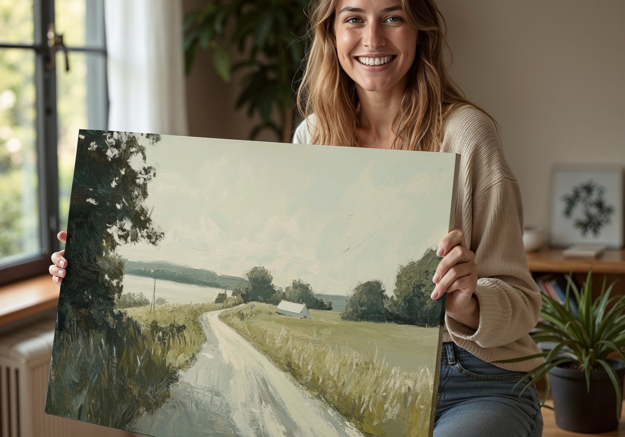 Smiling woman holding a vintage-inspired landscape print featuring a winding country road leading to a small farmhouse under a soft sky, styled in a cozy home interior