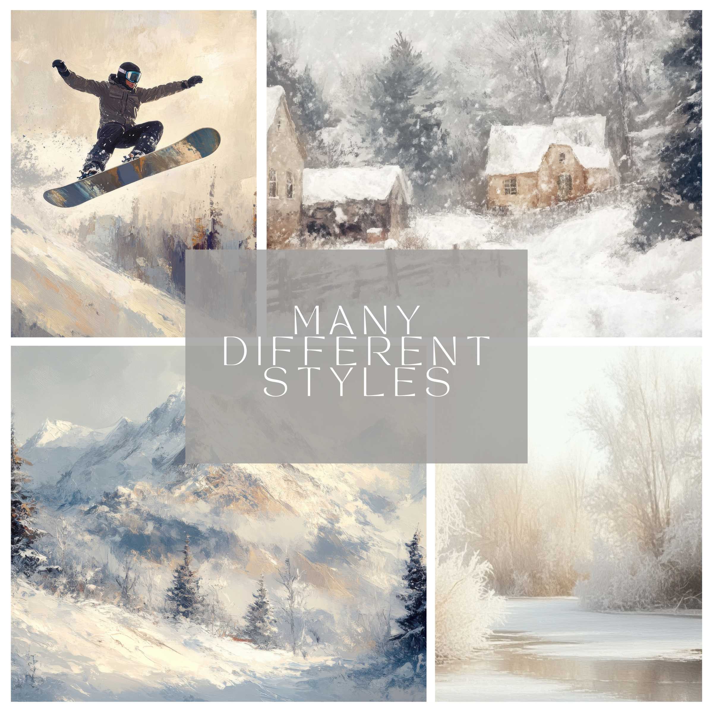 Elegant winter scenes blend with dynamic snowboarding artistry, creating a serene computer background for high-resolution digital downloads