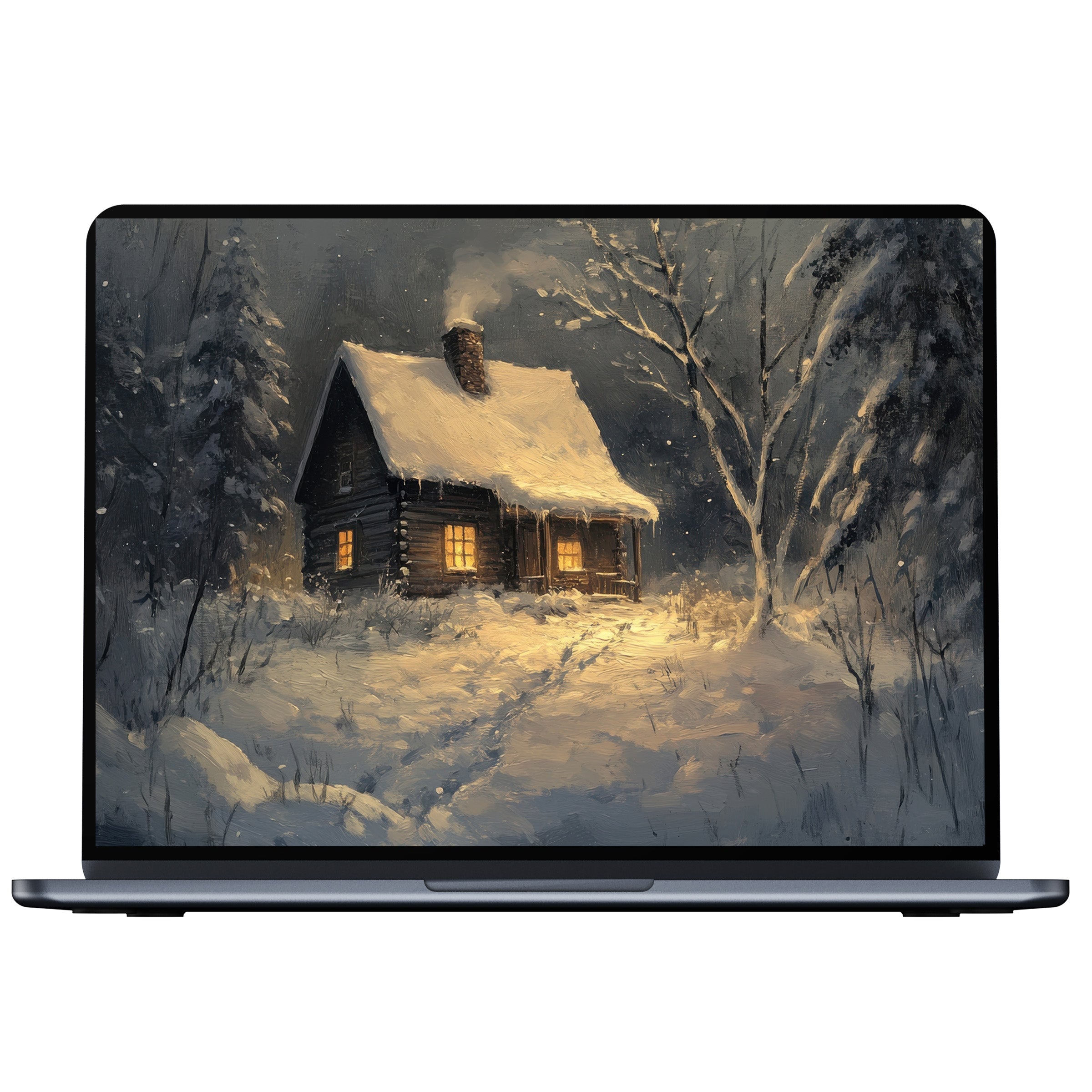 Winter desktop wallpaper featuring a serene snowy cabin in warm light, ideal digital download for PC and laptop users seeking calm inspiration