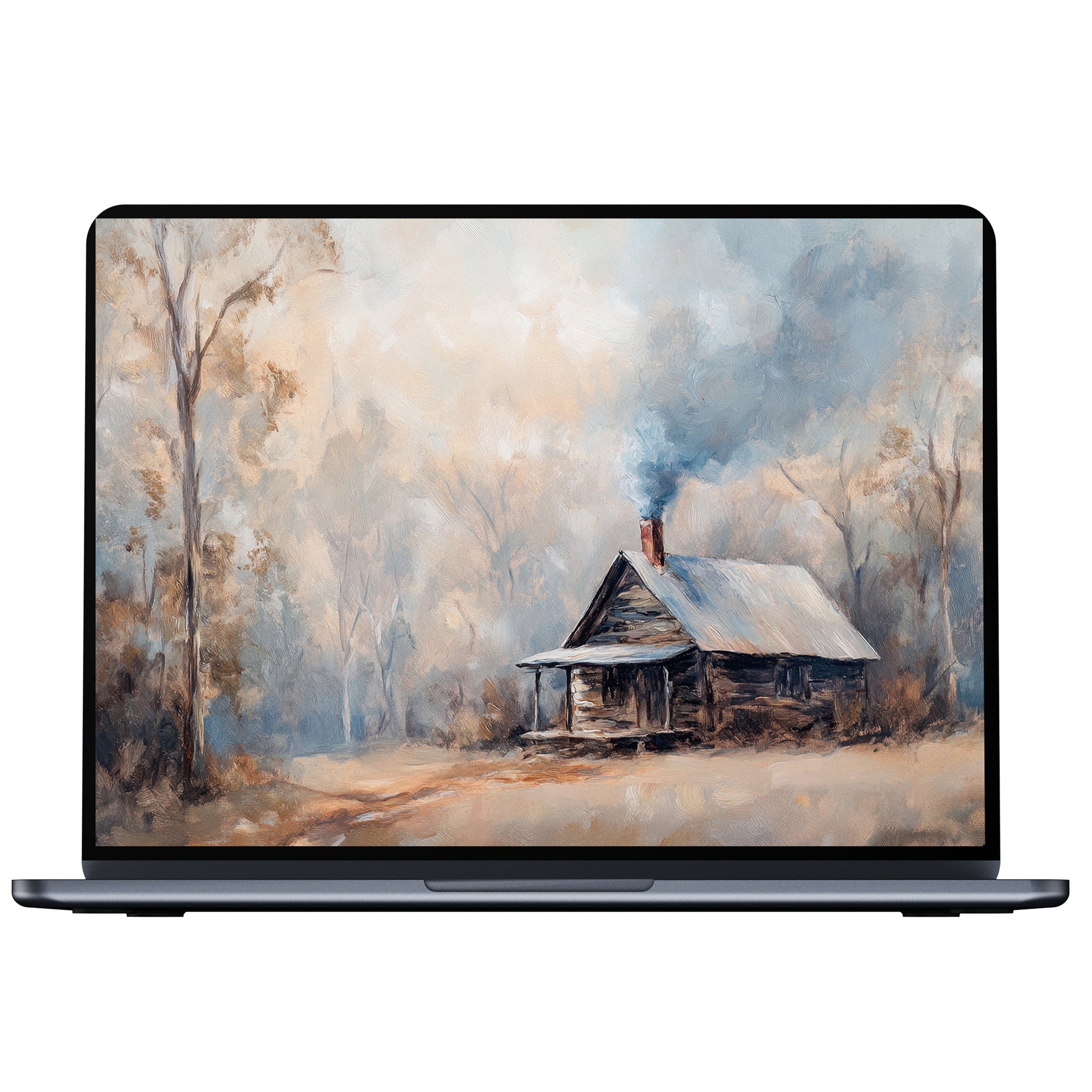 Winter desktop wallpaper digital download features a serene cabin scene in soft hues ideal for elegant PC and laptop displays