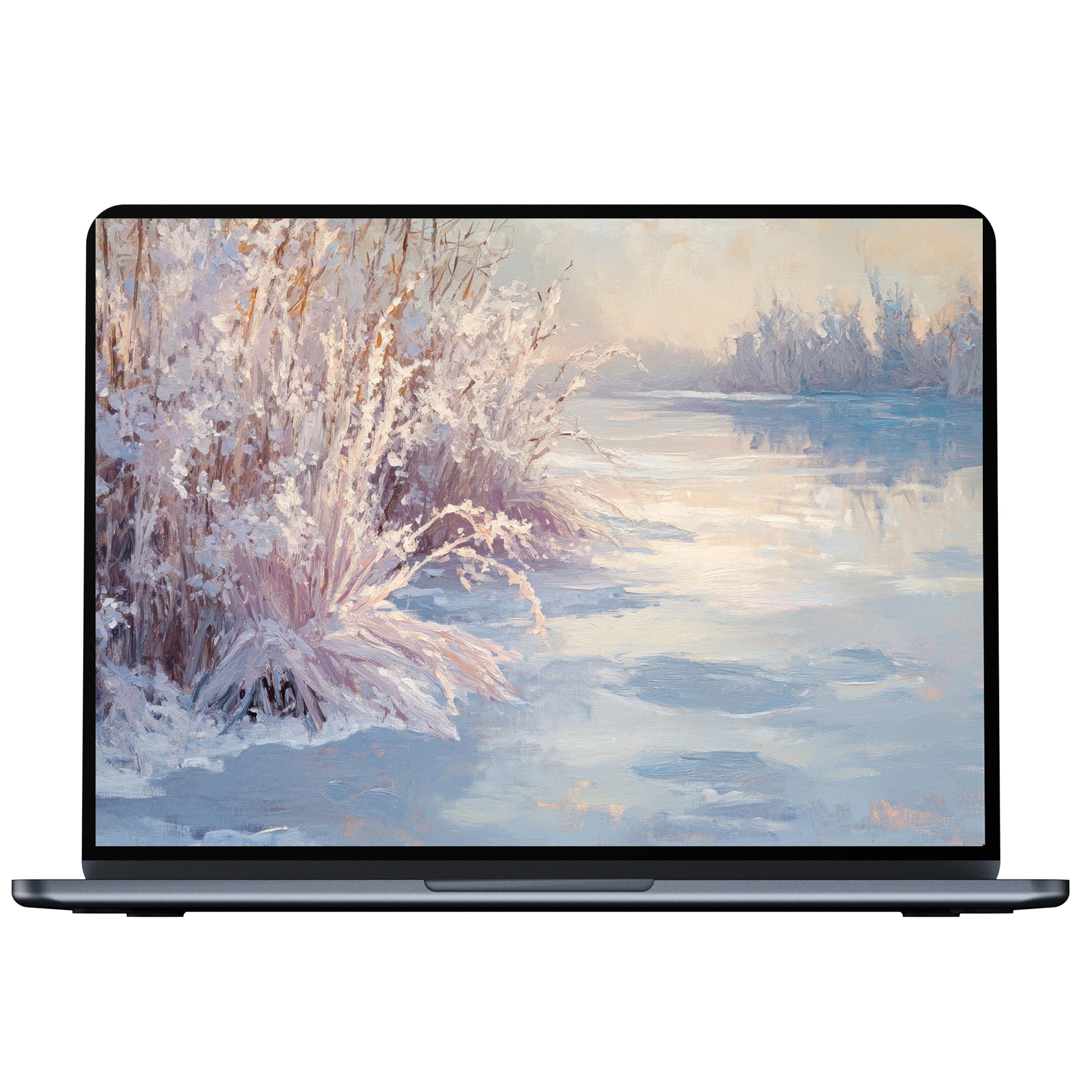 Winter desktop wallpaper with serene pastel icy landscape, perfect digital download for PC, laptop, or Mac, inspiring calm elegance
