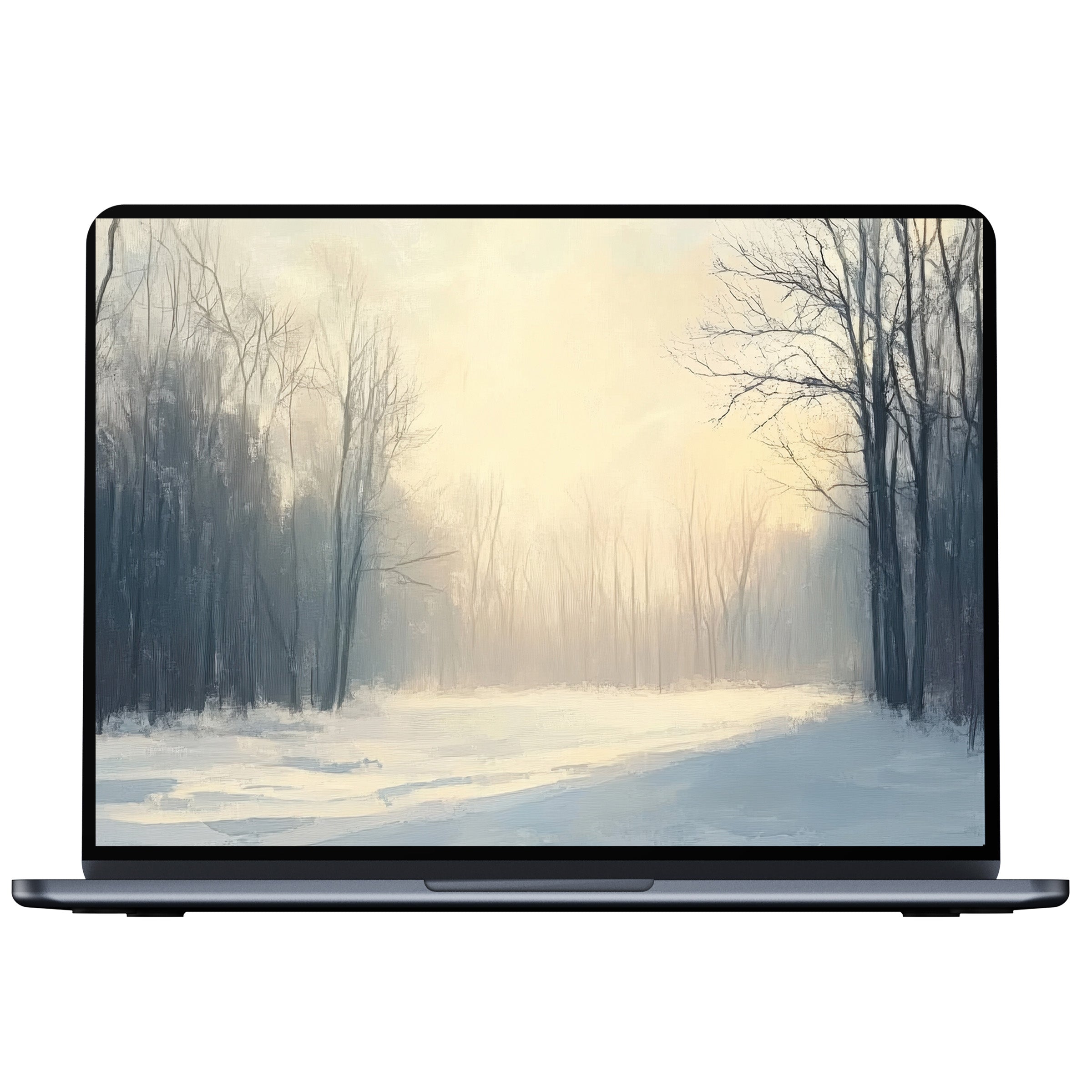 Winter desktop wallpaper digital download with serene pastel sunset over snowy forest painting perfect for PC and laptop screens