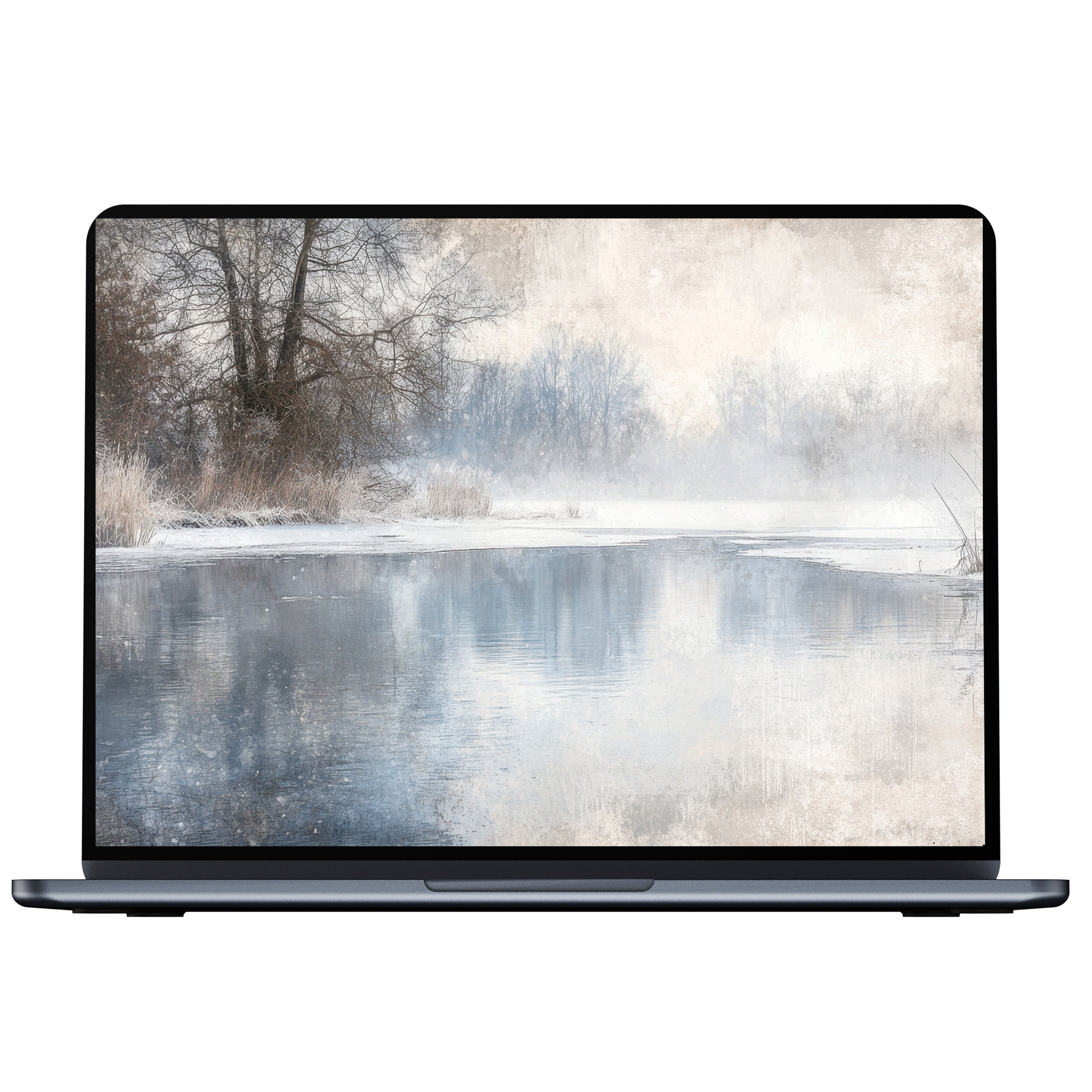 Winter desktop wallpaper digital download showcasing serene frosty lake with elegant trees fits PC laptop brings calm inspiration