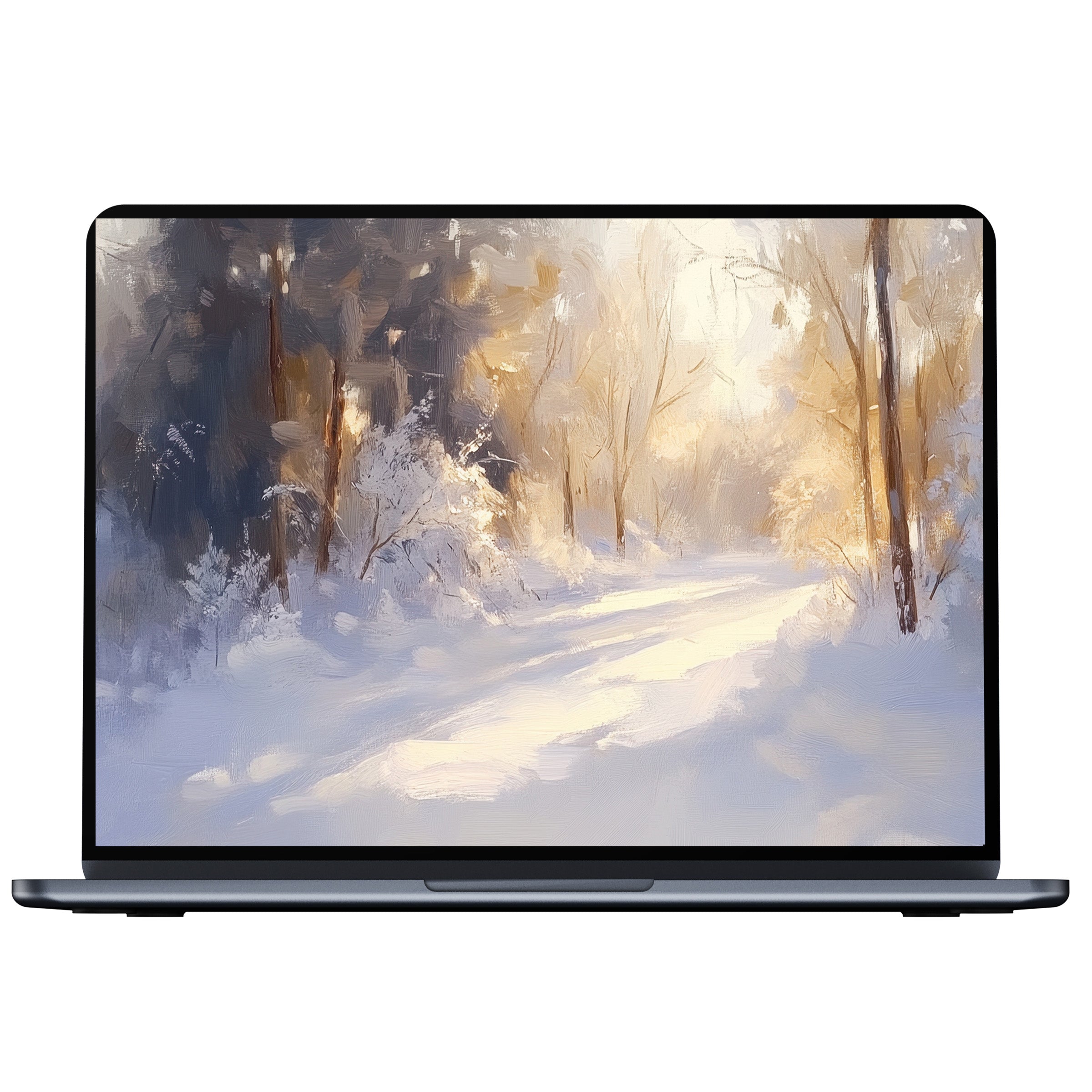 Winter desktop wallpaper for PC and laptop digital download features a serene snowy path with soft golden light inspiring calm