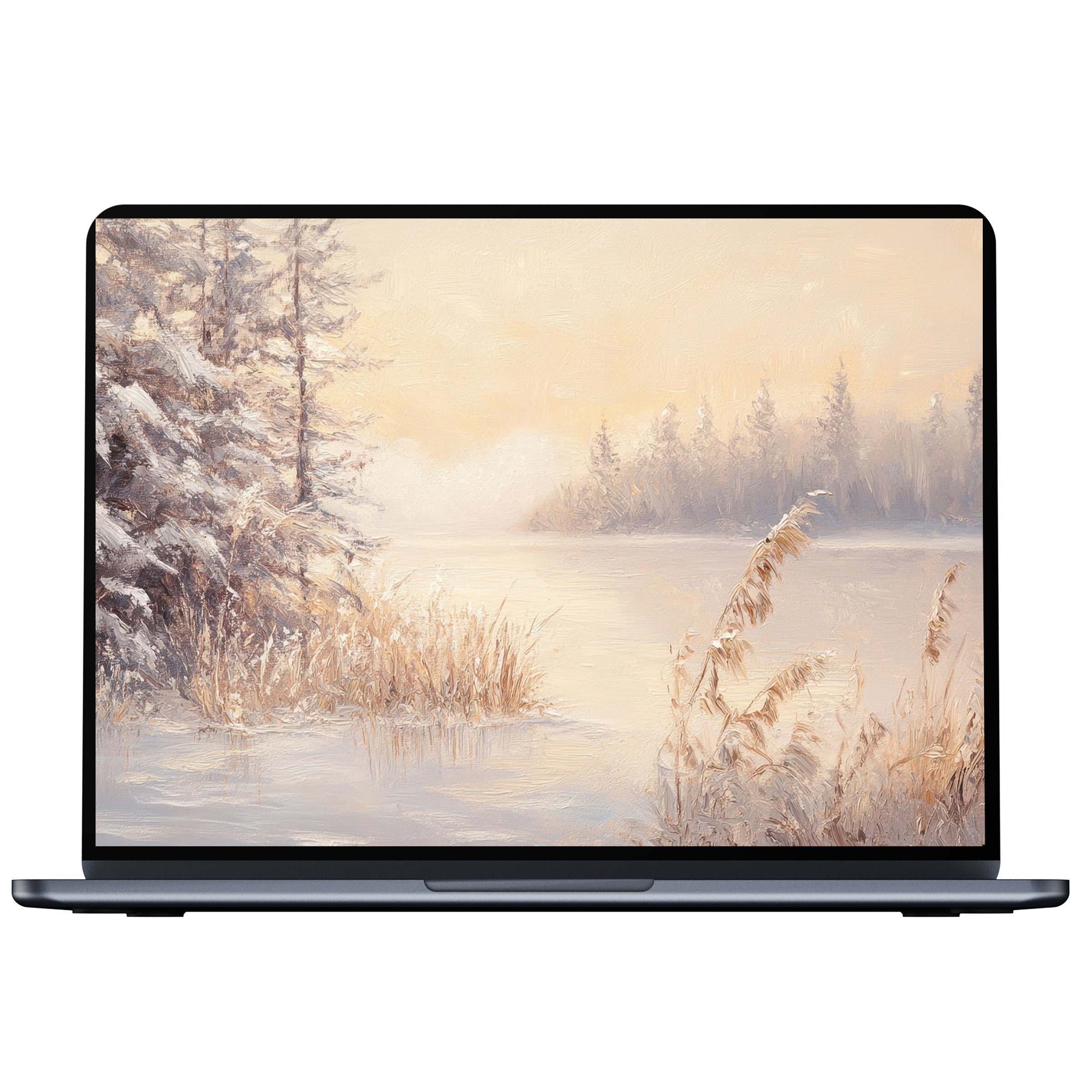 Serene winter desktop wallpaper featuring a snowy landscape in soft pastels offers digital download for PC, laptop, or Mac users