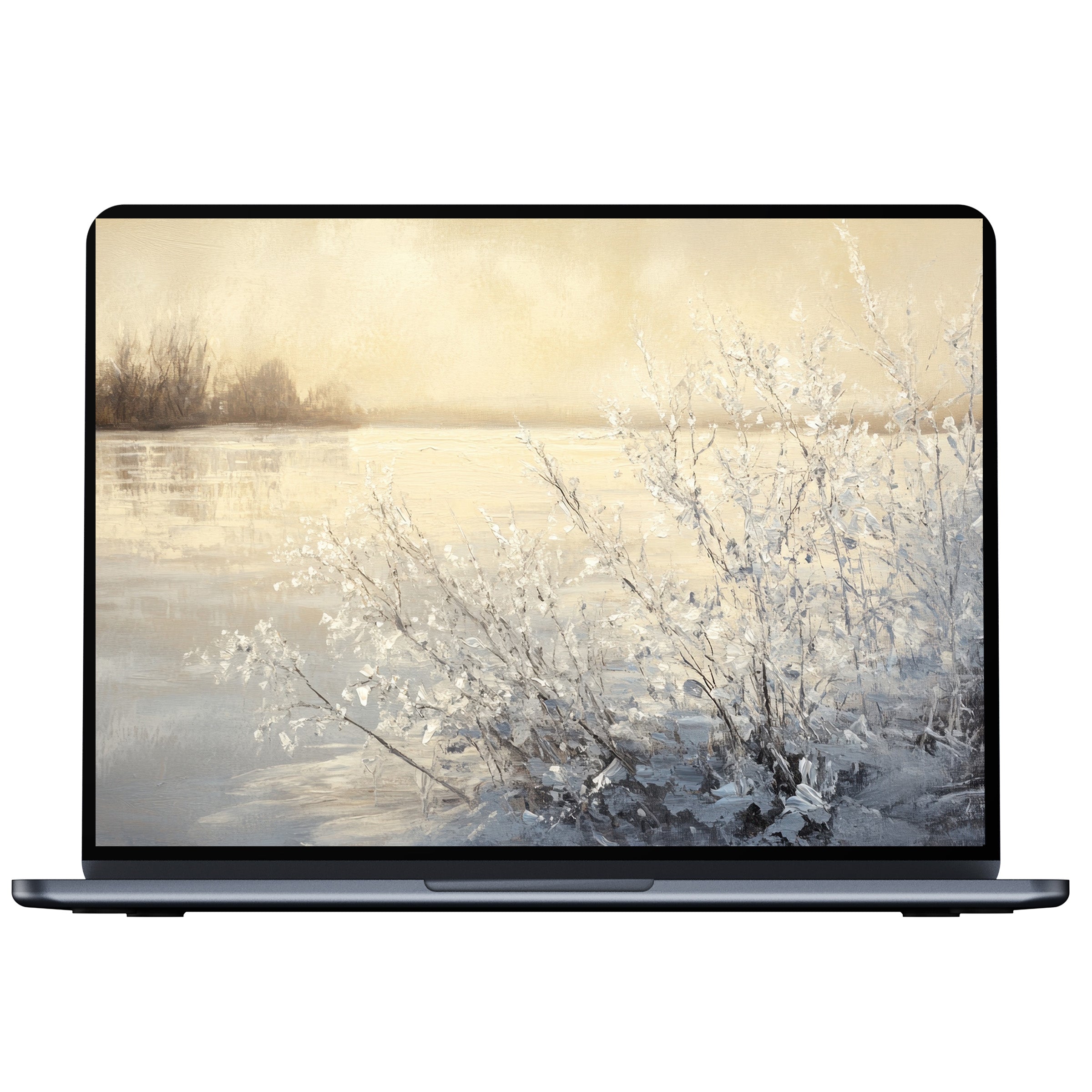 Elegant winter desktop wallpaper featuring serene frosty branches against a soft dawn sky, perfect digital download for PC or laptop