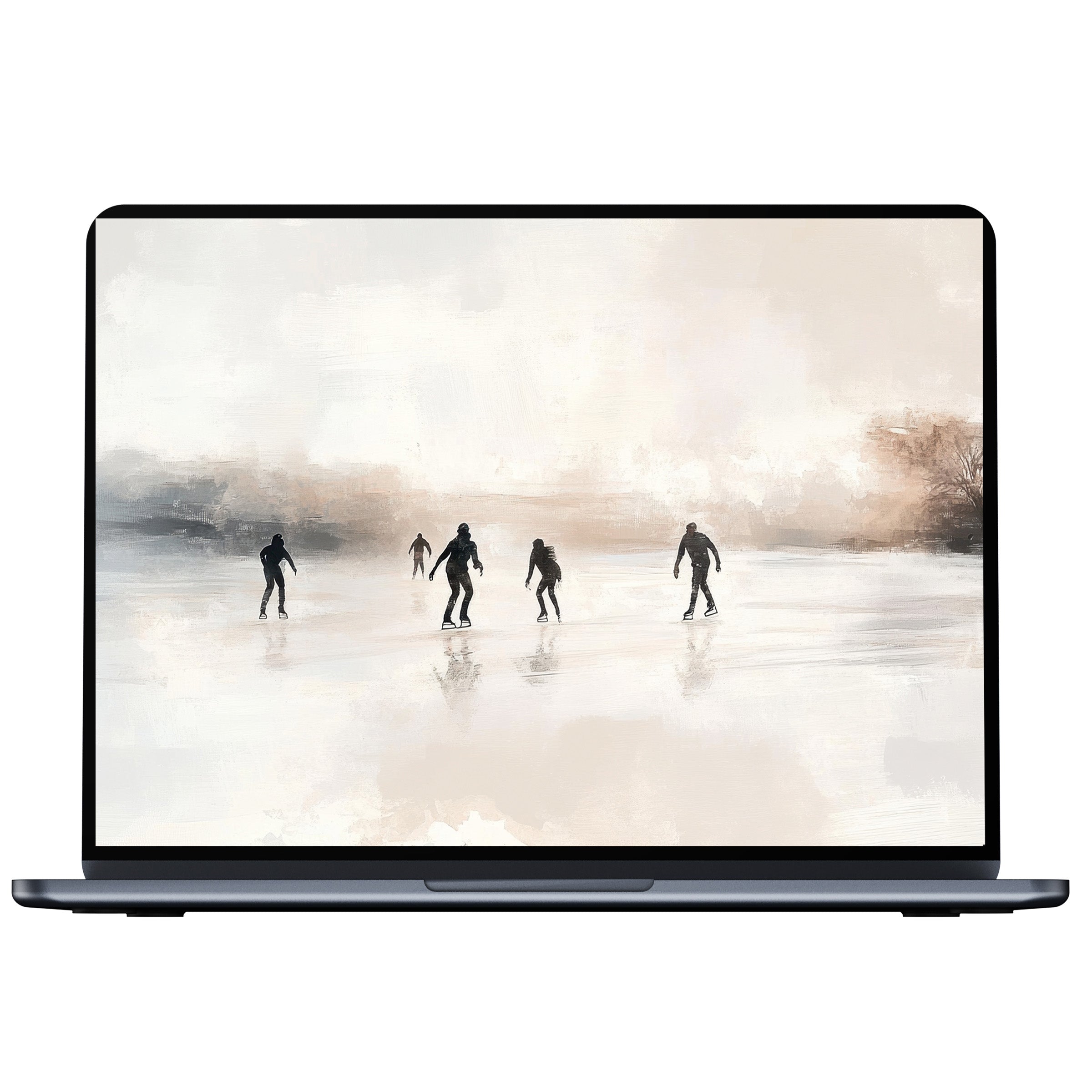 Winter desktop wallpaper with serene ice skaters in soft hues brings elegance and calm to your PC and laptop digital download