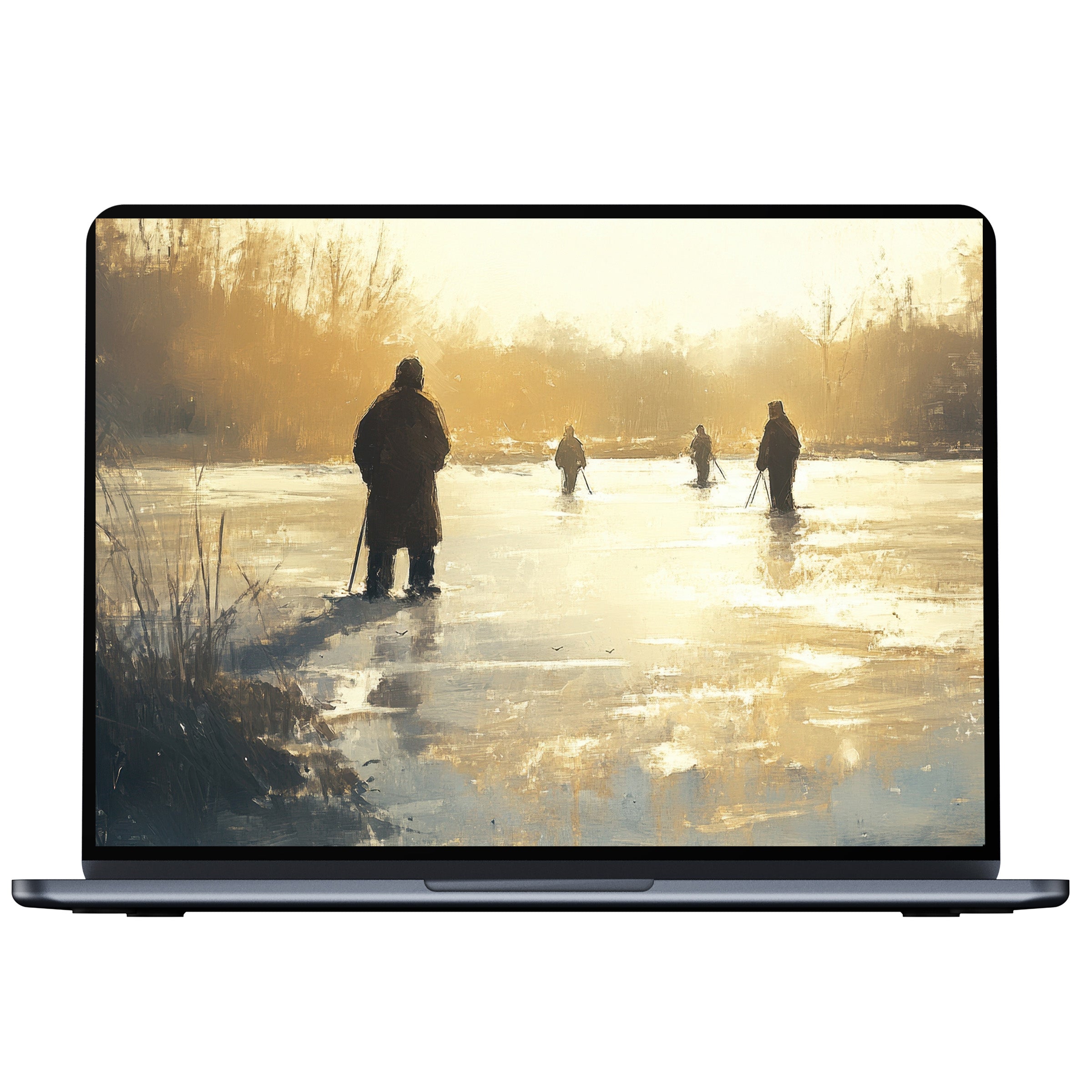 Elegant winter desktop wallpaper featuring serene figures on a frozen lake, perfect digital download for PC or laptop tranquility