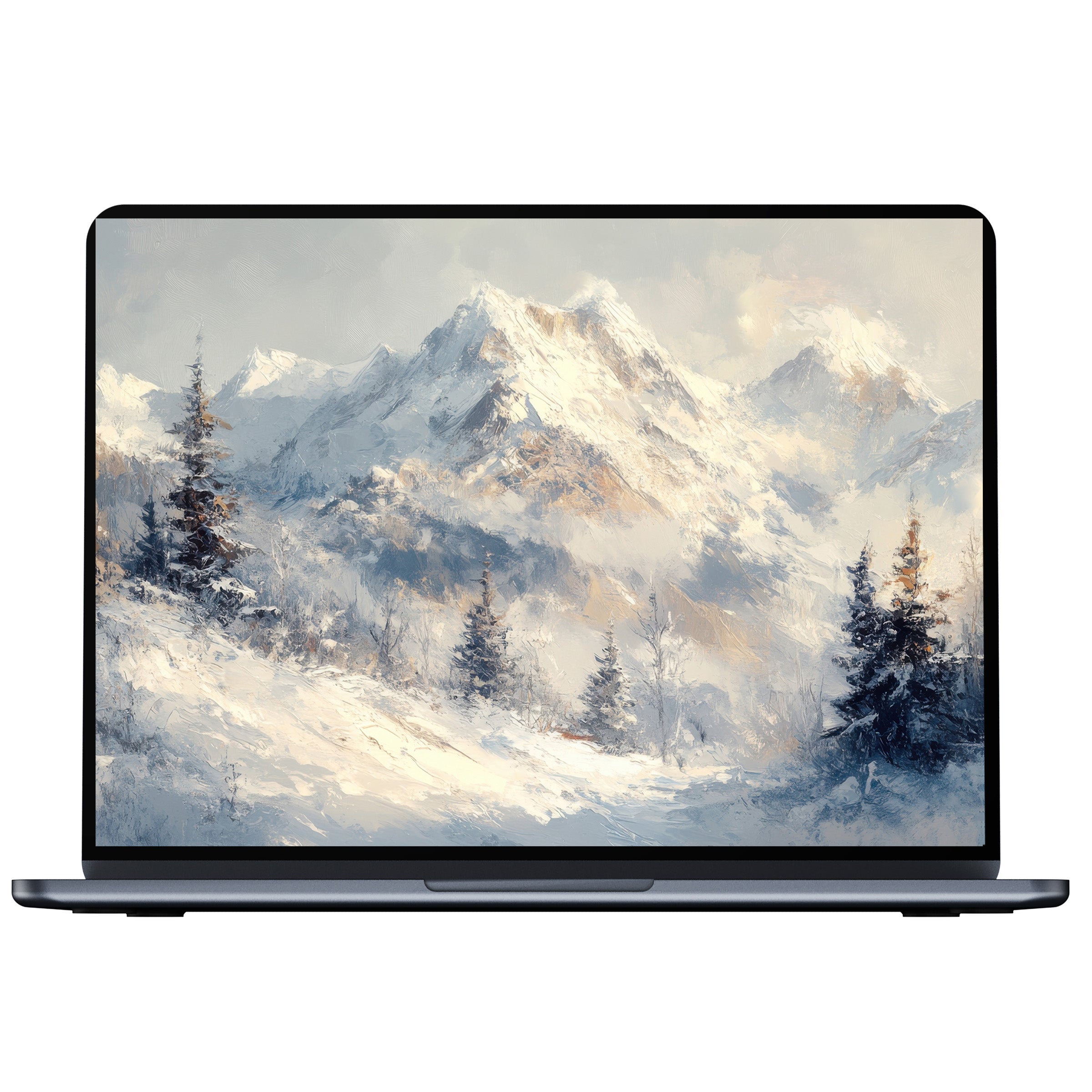 Winter desktop wallpaper featuring serene snowy mountains and pine trees, perfect for inspiring digital download on PC or laptop