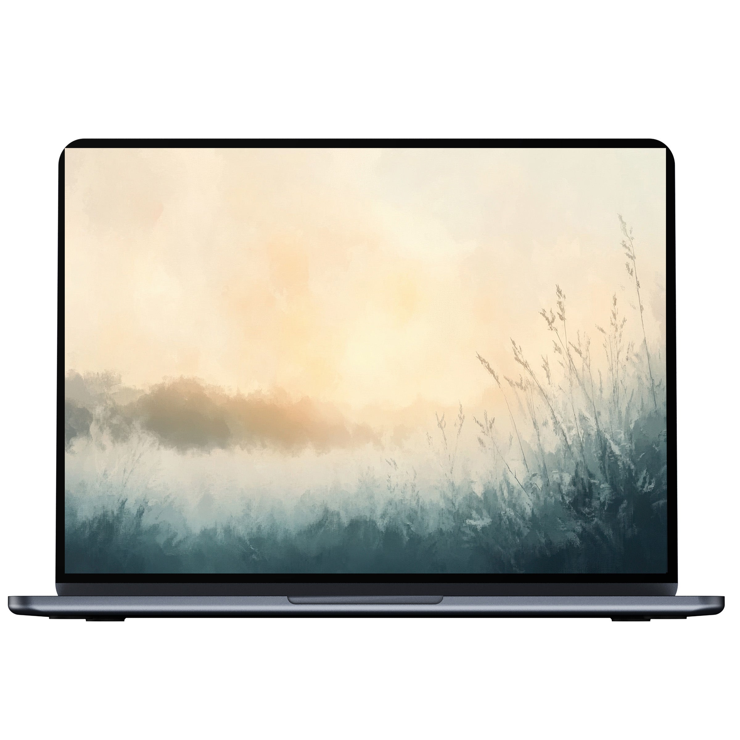 Elegant winter desktop wallpaper digital download with calming misty fields and sunrise hues, perfect for PC and laptop screens