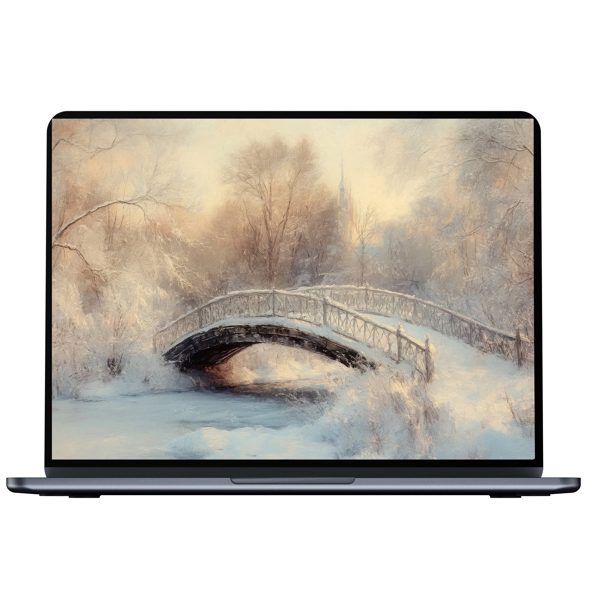 Winter desktop wallpaper digital download featuring a serene snow-covered bridge in soft pastels ideal for PC or laptop screens
