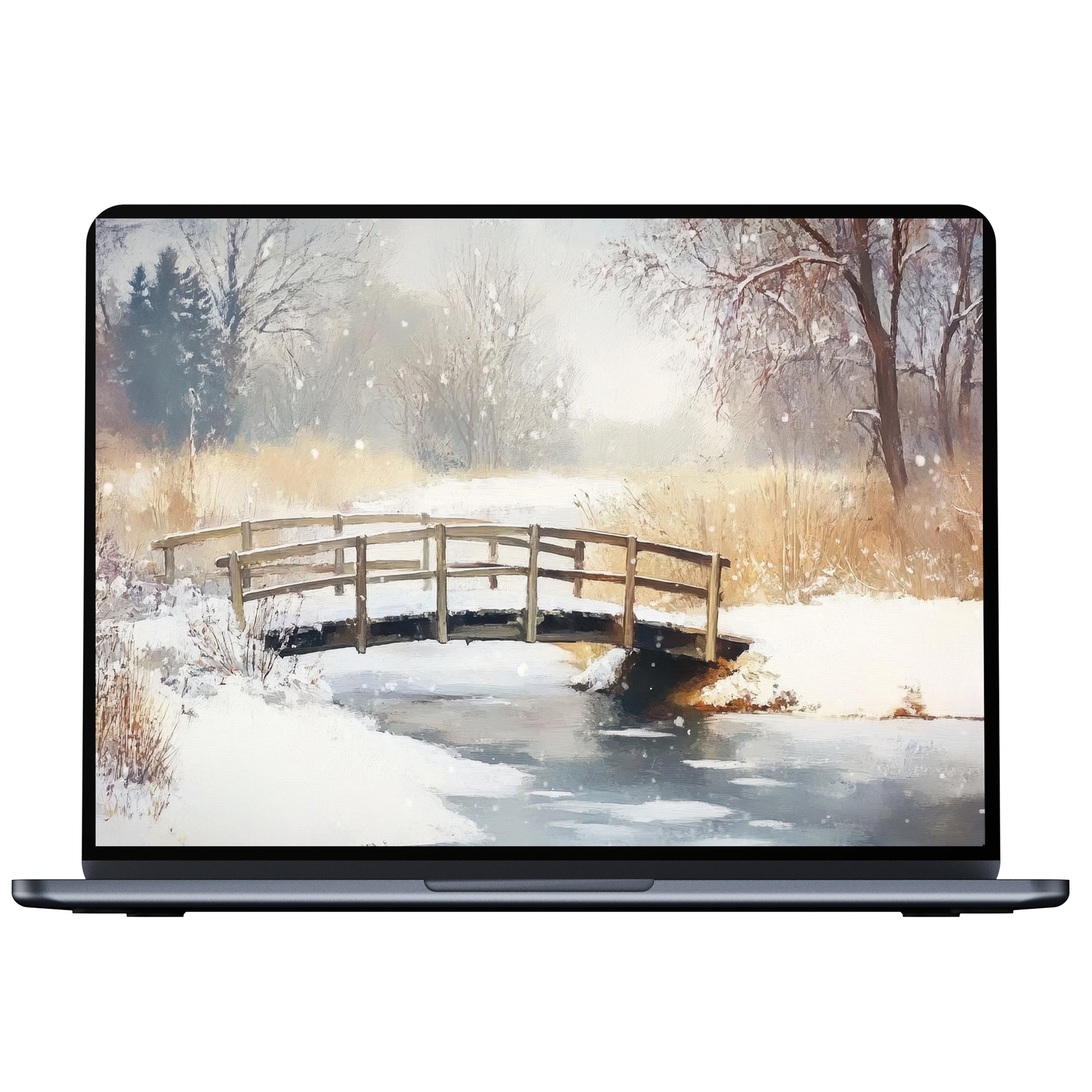 Elegant winter desktop wallpaper with a serene snowy bridge scene for digital download fits PC and laptop bringing calm inspiration