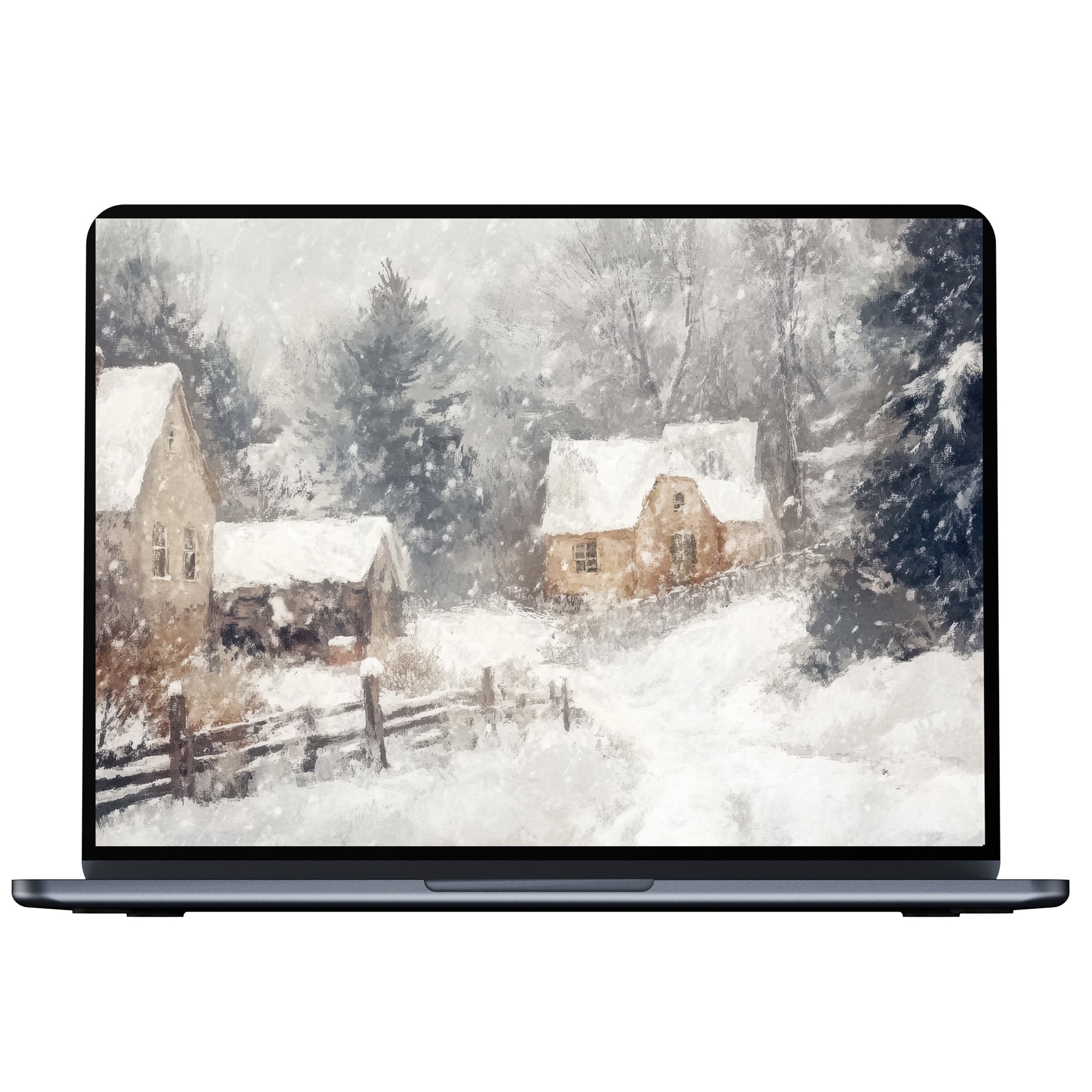 Winter desktop wallpaper showcasing a serene snowy village, ideal for PC, laptop, or Mac digital download, offering calm elegance