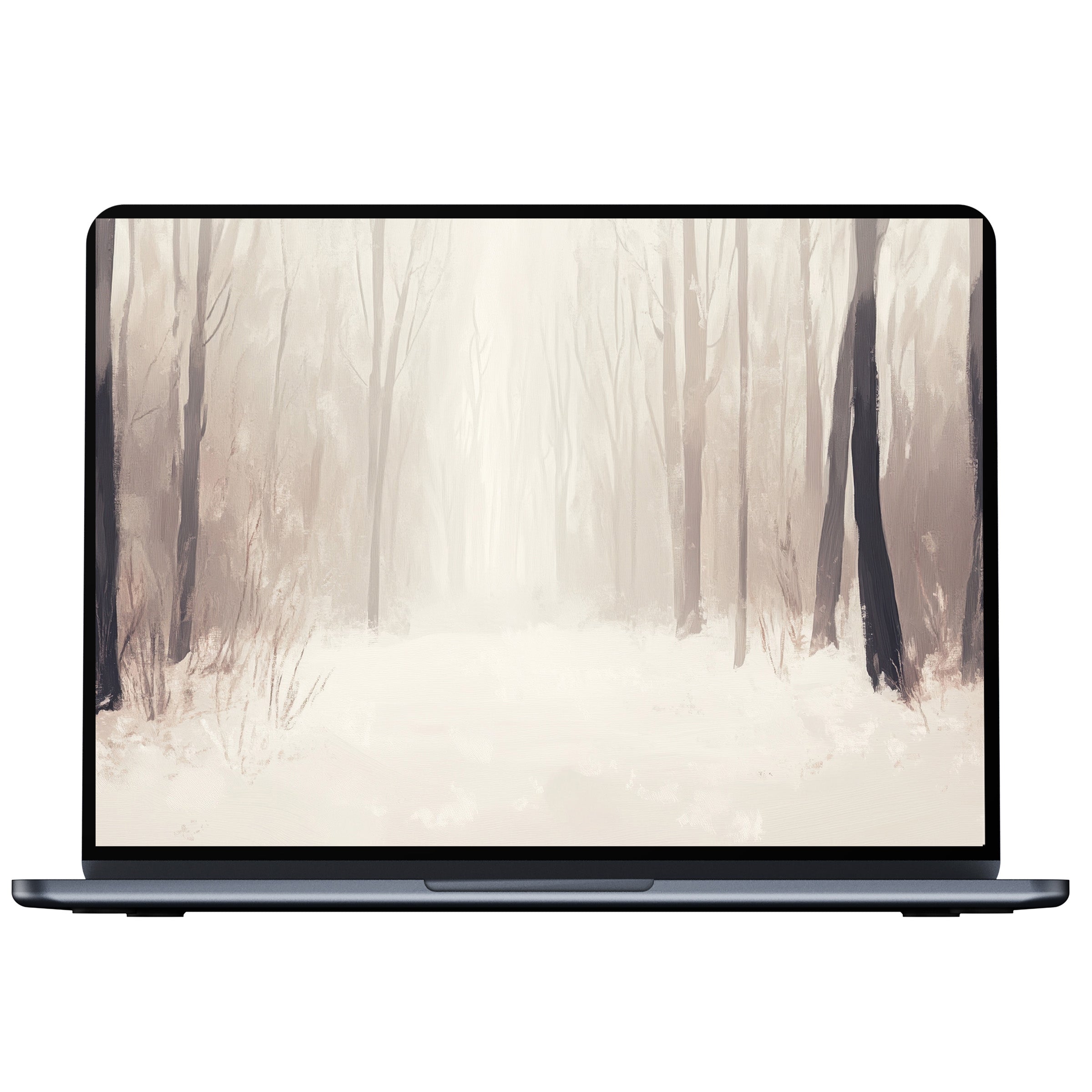 Serene winter desktop wallpaper digital download featuring misty forest scene, perfect for PC or laptop, inspiring calm elegance