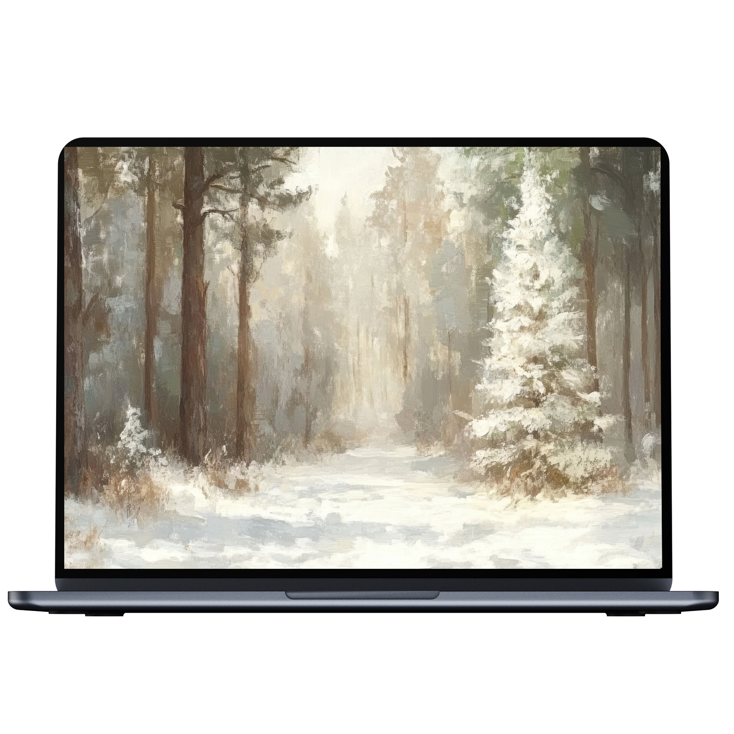 Winter desktop wallpaper digital download with serene forest scene in soft pastels, ideal for elegant PC and laptop displays