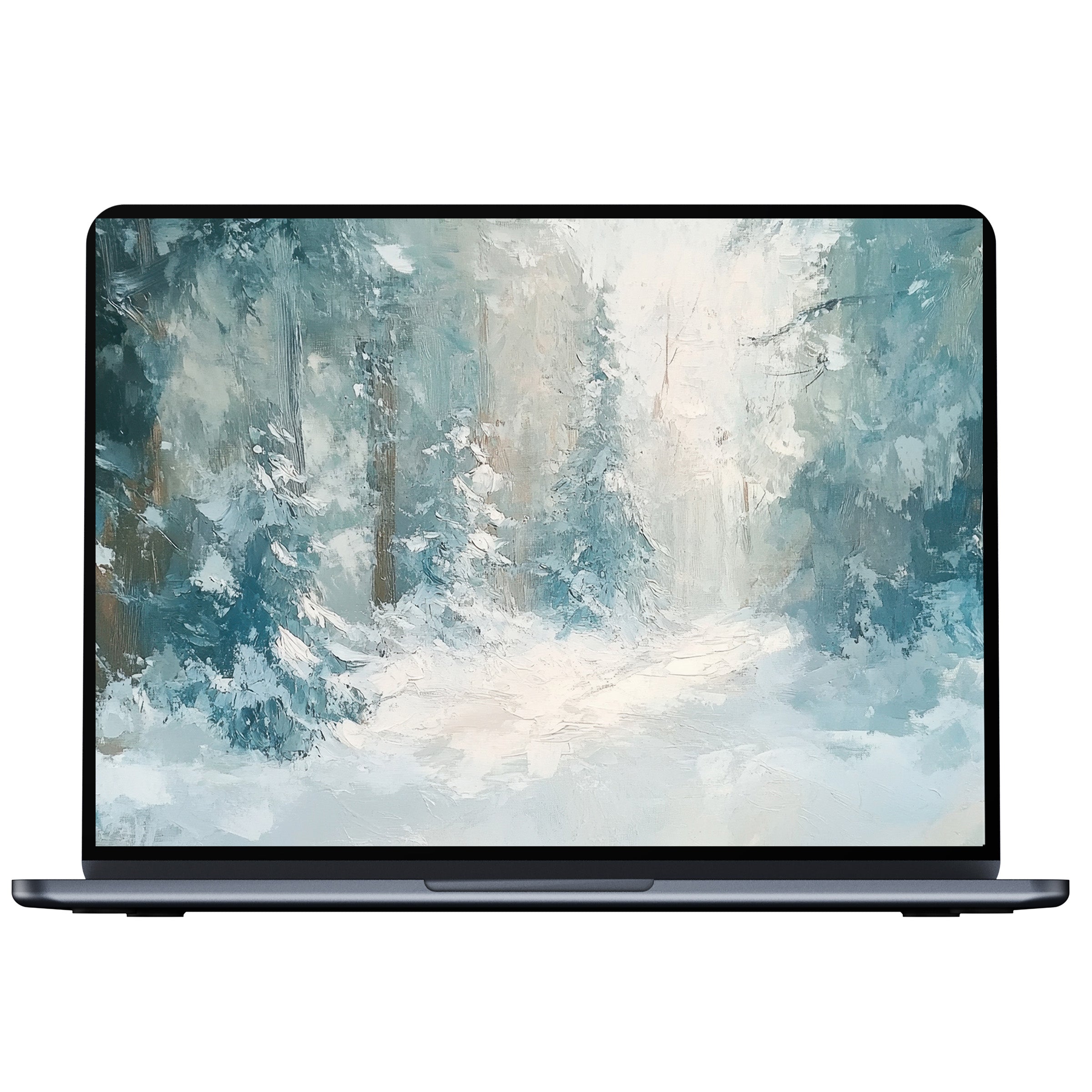 Elegant winter desktop wallpaper with dreamy snow-laden forest in soft blues and whites digital download for PC or laptop