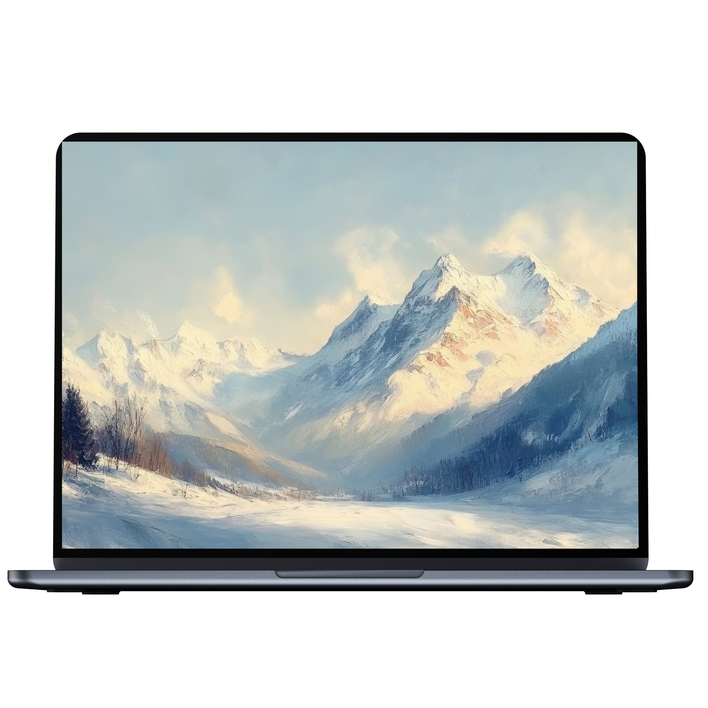 Elegant winter desktop wallpaper with serene snow-capped mountains in soft hues, perfect digital download for PC and laptop users