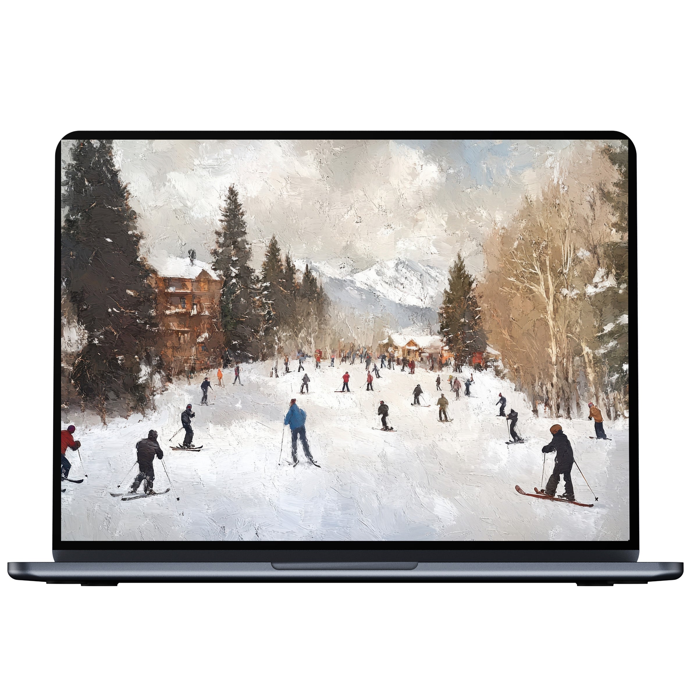 Elegant winter desktop wallpaper digital download with skiers and snowy landscape, perfect for PC or laptop to inspire calm
