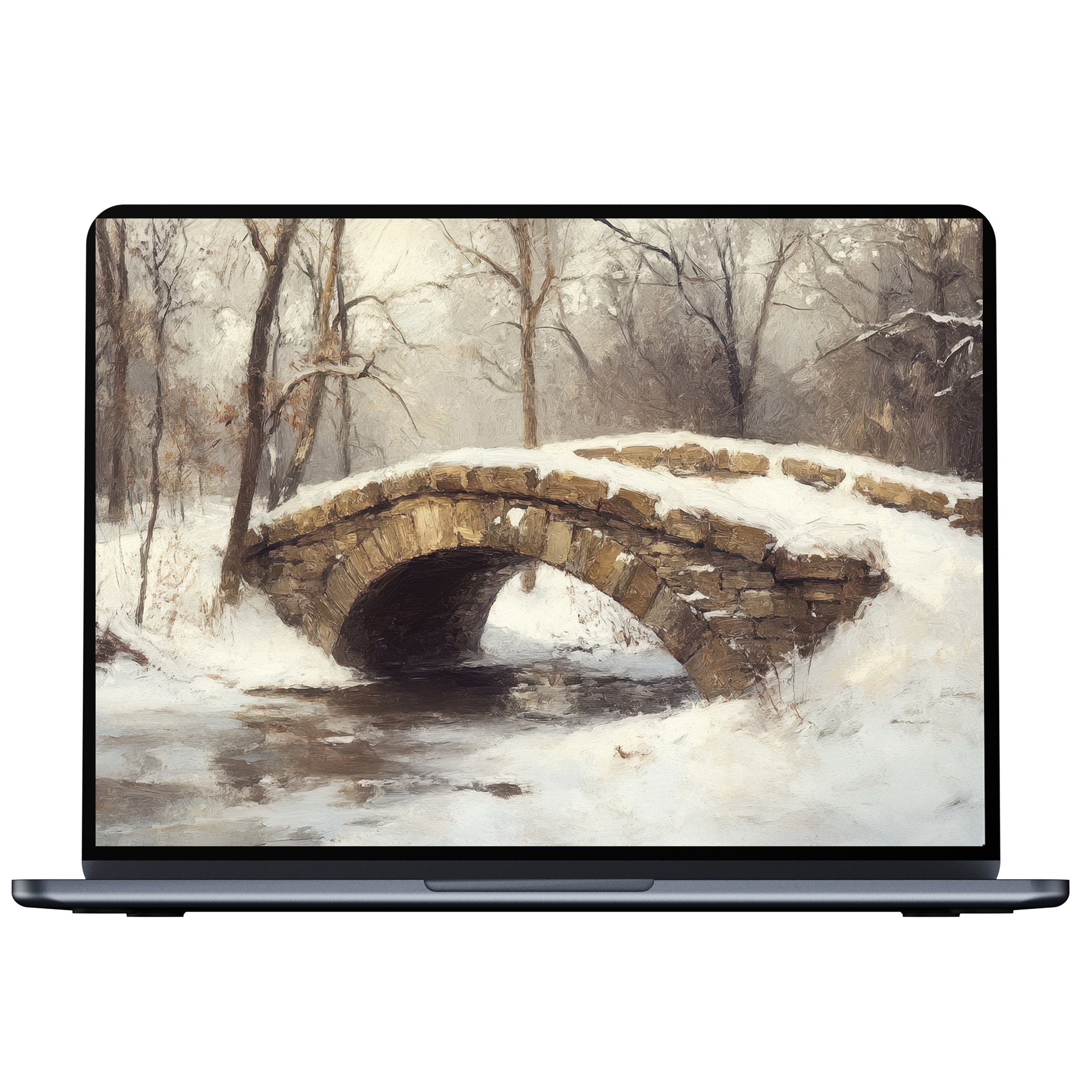 Winter desktop wallpaper digital download depicting a serene snowy bridge scene for PC, laptop, or Mac adding elegance and calm