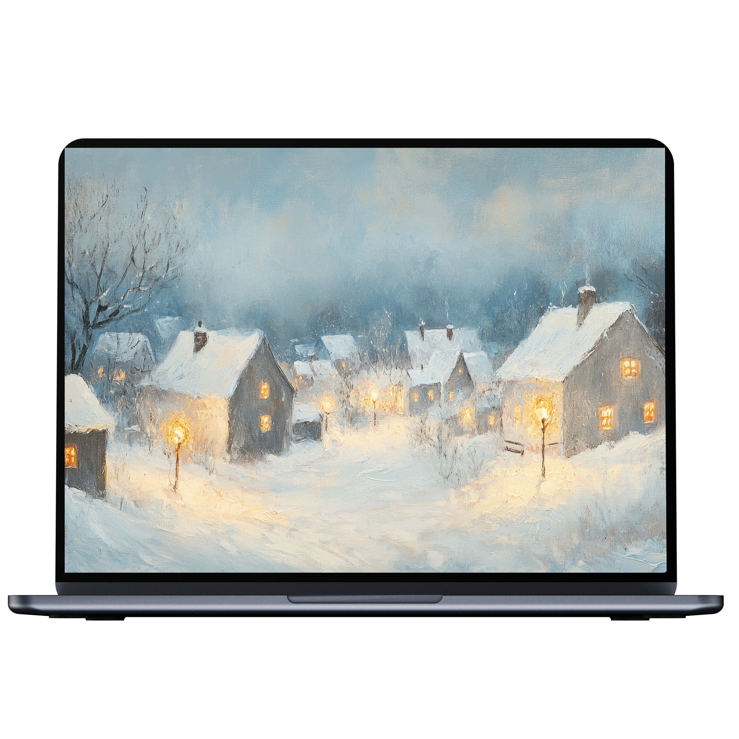 Serene winter desktop wallpaper digital download with glowing snowy village painting evokes calm on PC and laptop screens