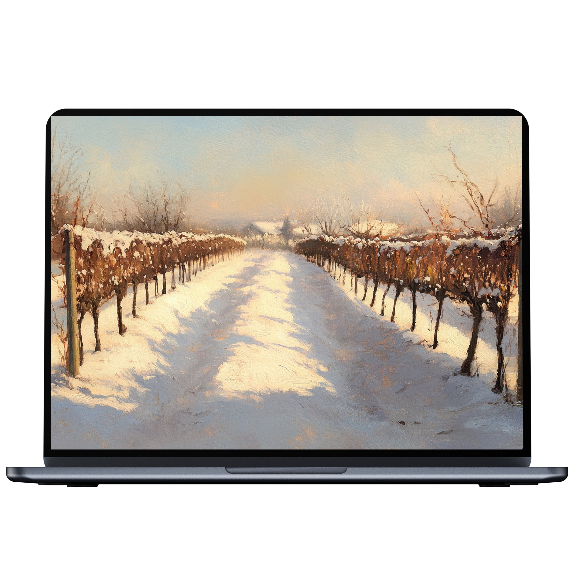 Winter desktop wallpaper digital download with serene snow-covered vineyard scene for PC and laptop creating calming inspiration