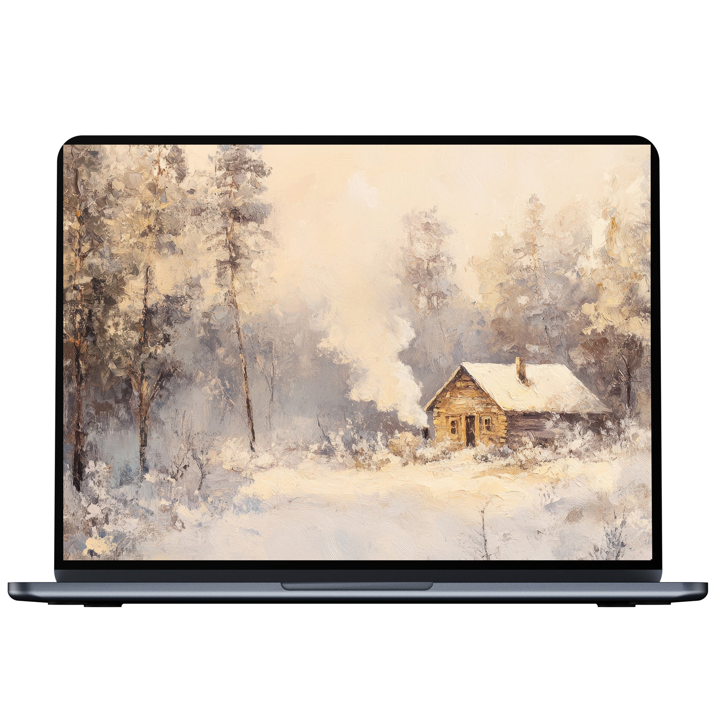 Winter desktop wallpaper digital download featuring serene snowy cabin in forest ideal for PC or laptop tranquility and elegance