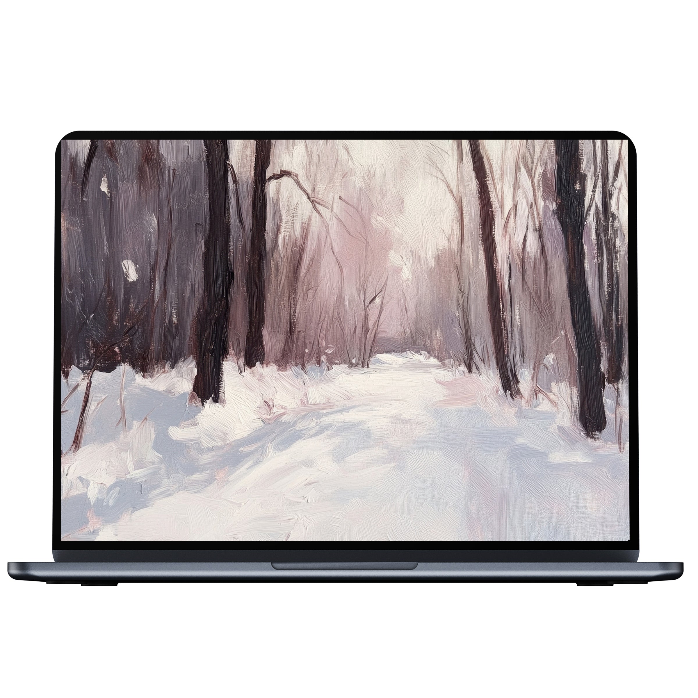 Winter desktop wallpaper featuring serene snowy forest in soft pastels digital download for PC, laptop, or Mac for elegance