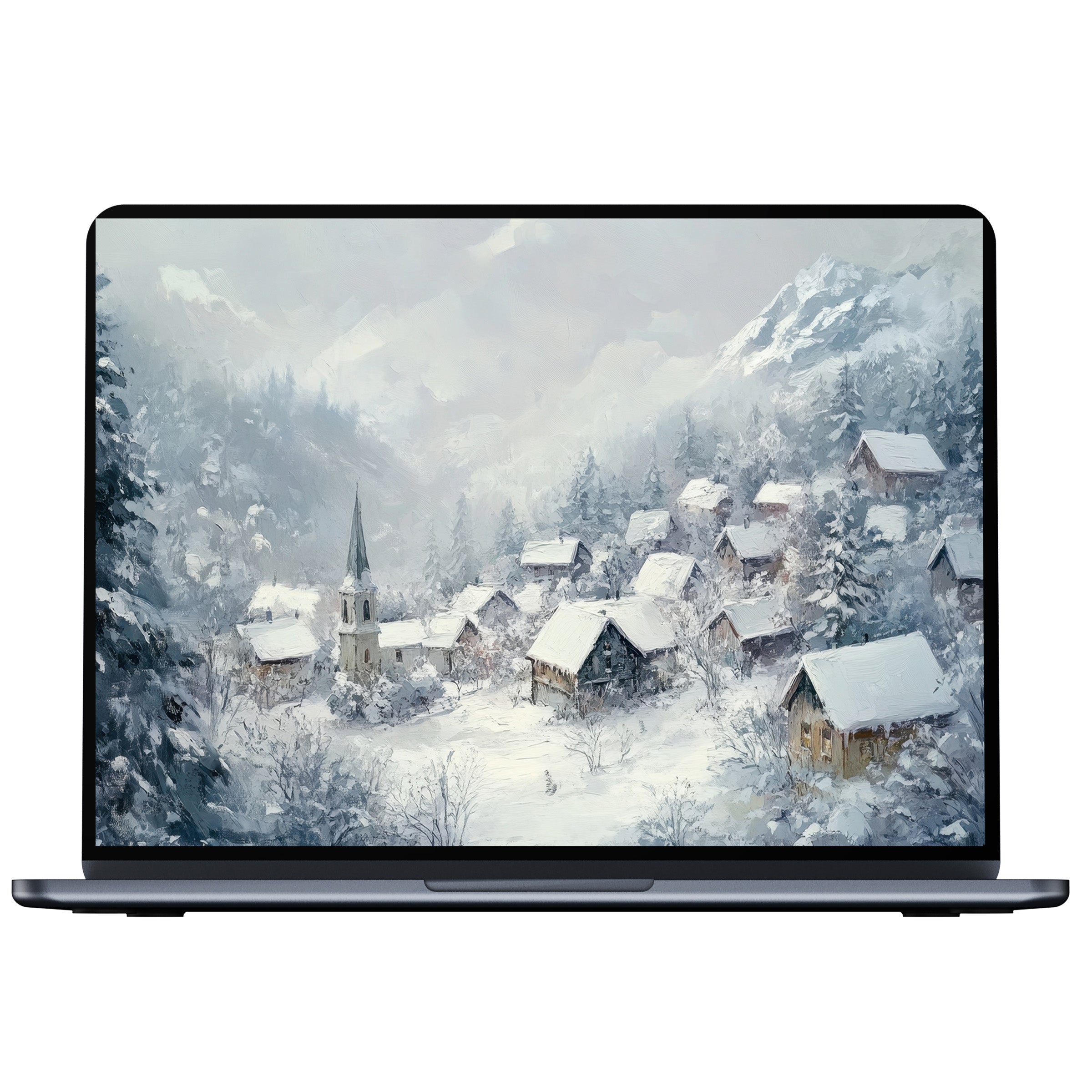 Winter desktop wallpaper featuring serene snow-covered village with mountains fits PC and laptop digital download for inspiration