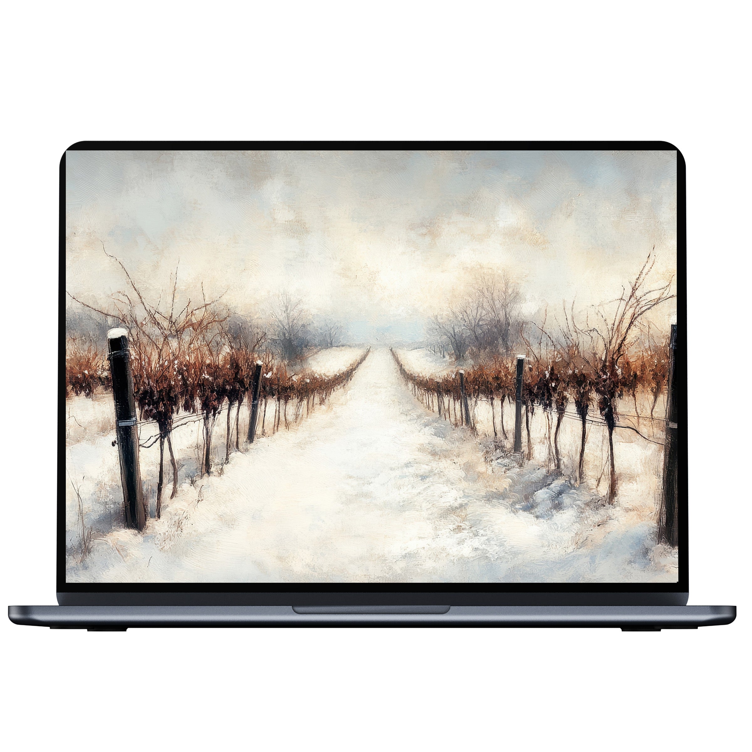 Winter desktop wallpaper, featuring a serene snowy vineyard path, offers digital download for PC and laptop, inspiring calm and elegance