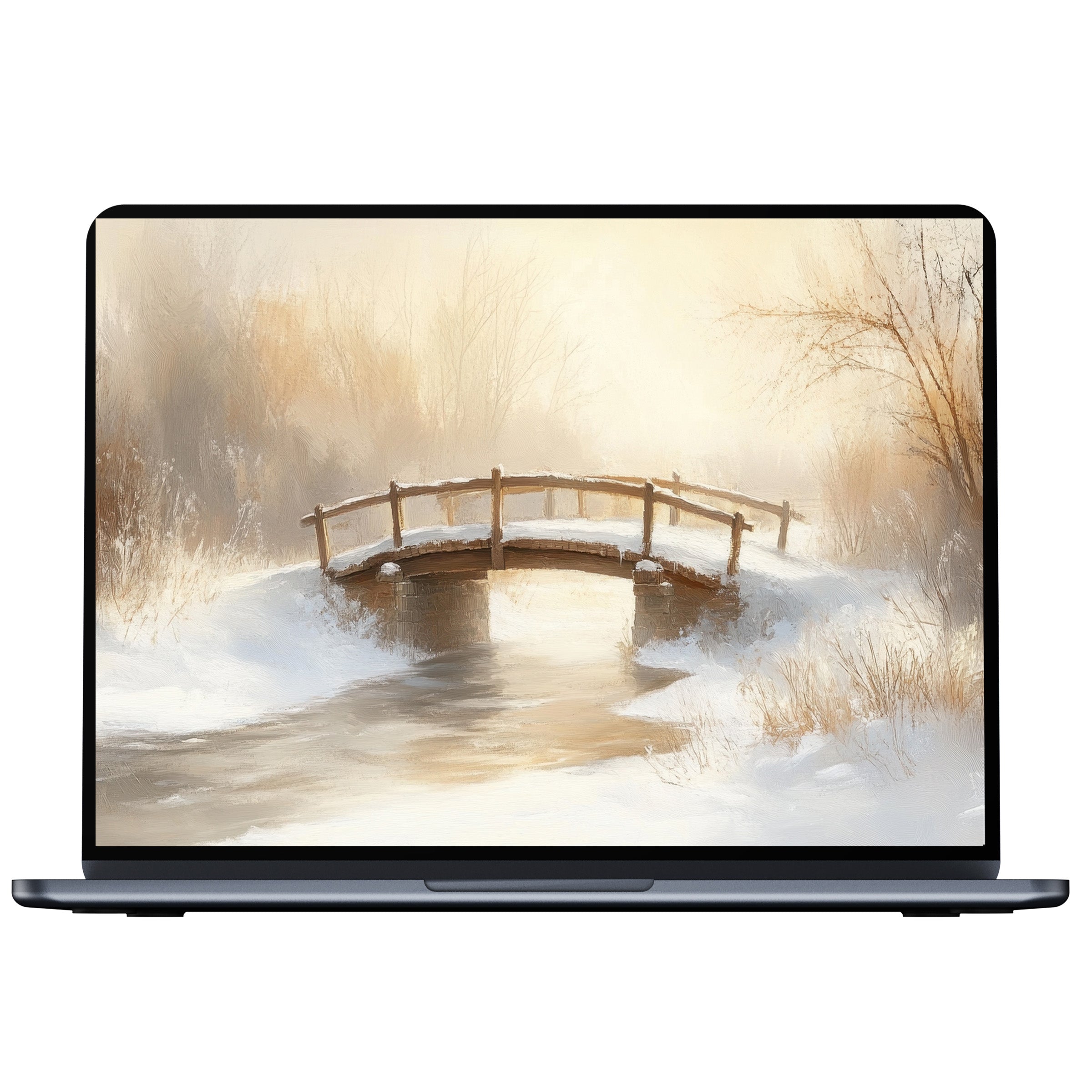 Winter desktop wallpaper featuring a serene snowy bridge scene with warm tones for digital download on PC or laptop screens