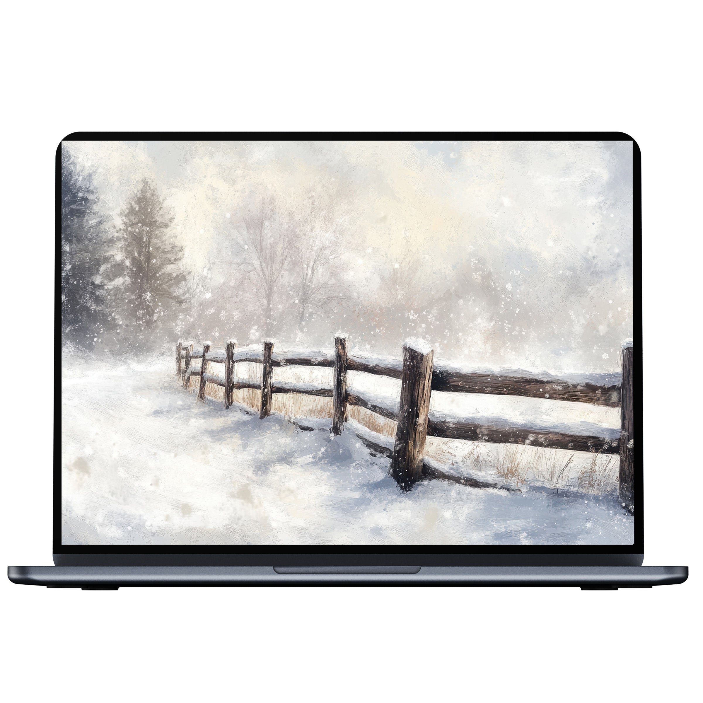 Winter desktop wallpaper digital download showcasing a serene snowy landscape with rustic fence for PC and laptop users seeking calm inspiration